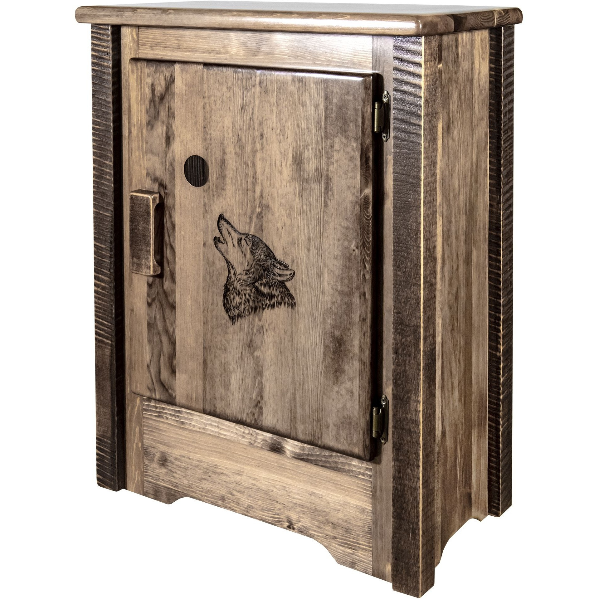 Homestead Collection Accent Cabinet w/ Laser Engraved Wolf Design, Right Hinged, Stain & Clear Lacquer Finish