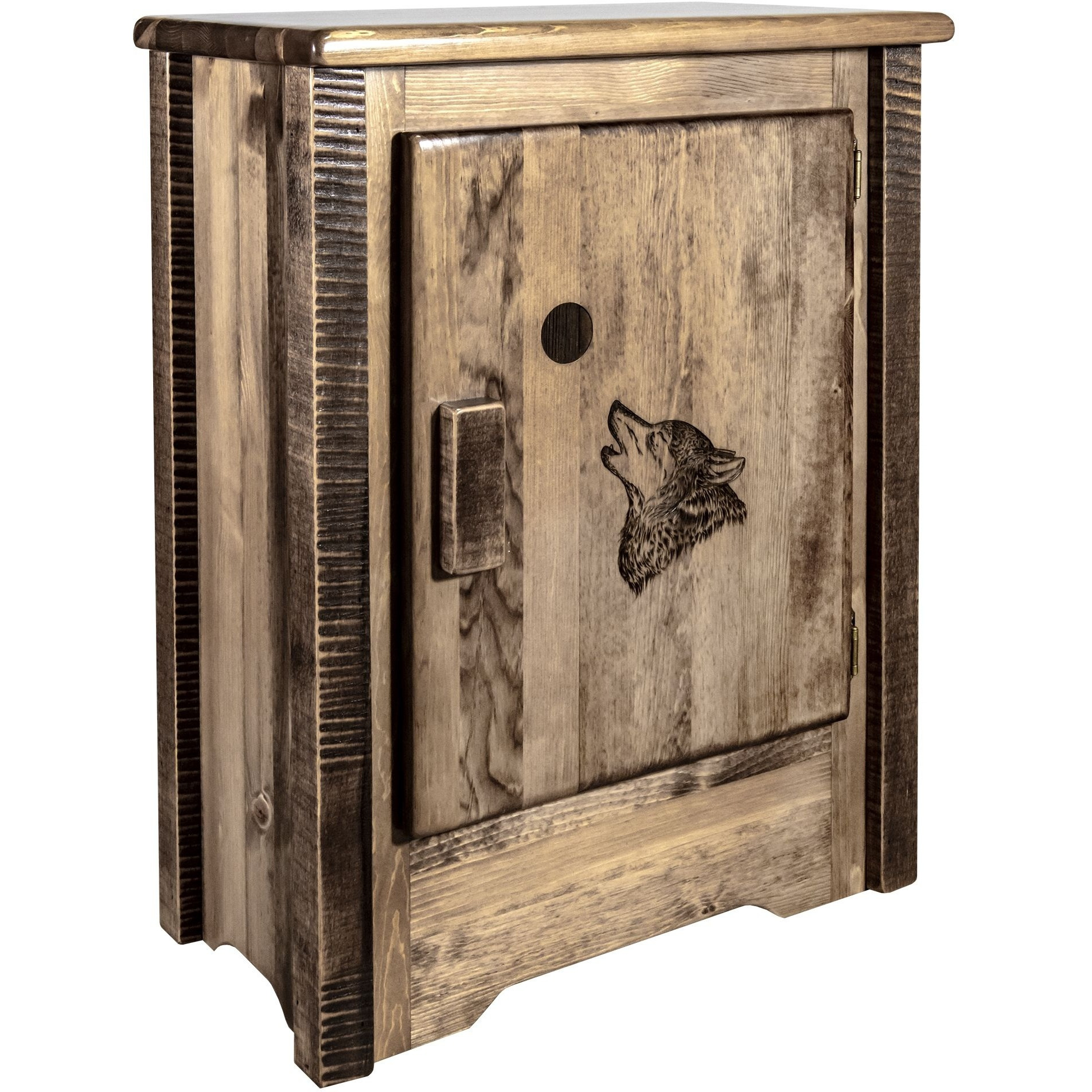 Homestead Collection Accent Cabinet w/ Laser Engraved Wolf Design, Right Hinged, Stain & Clear Lacquer Finish