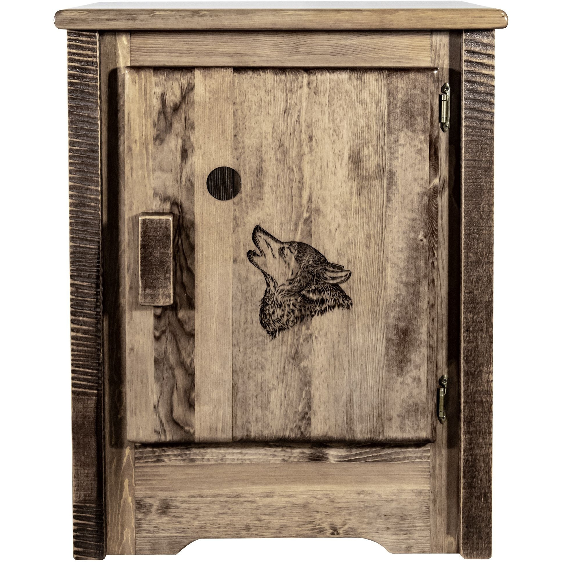 Homestead Collection Accent Cabinet w/ Laser Engraved Wolf Design, Right Hinged, Stain & Clear Lacquer Finish