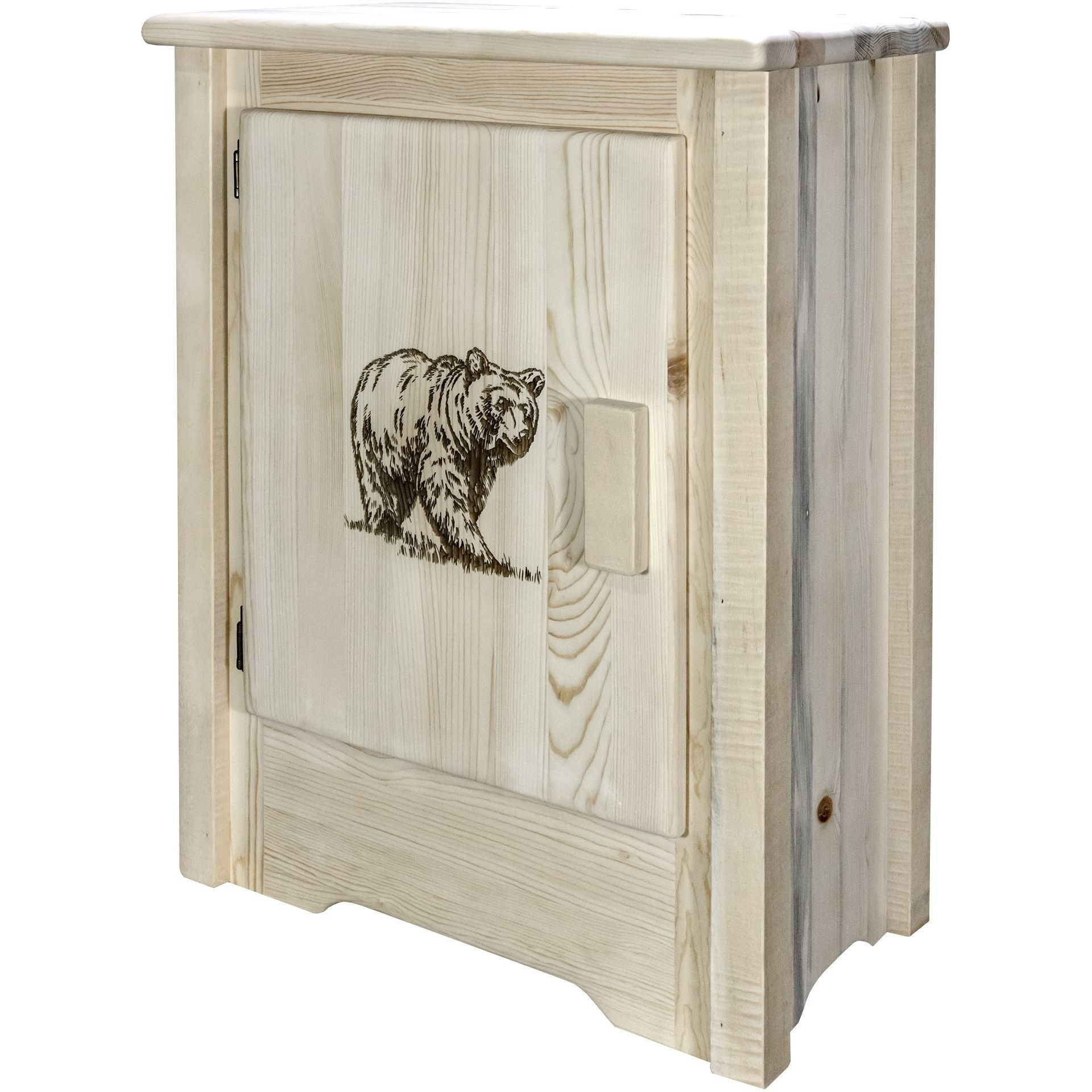 Homestead Collection Accent Cabinet w/ Laser Engraved Bear Design, Left Hinged, Ready to Finish