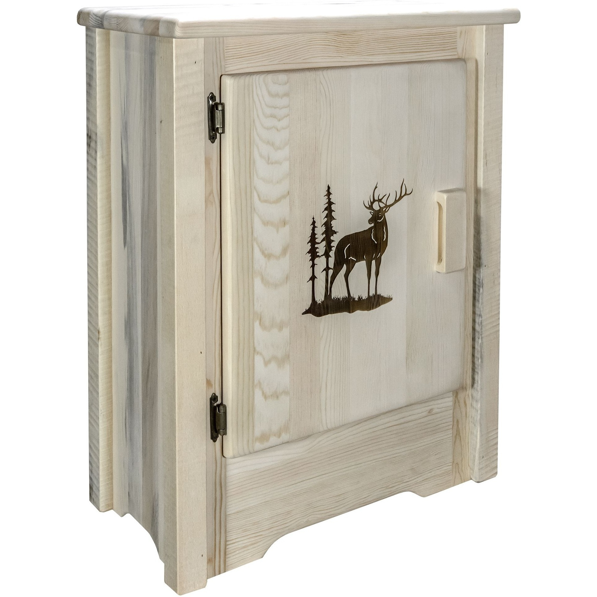 Homestead Collection Accent Cabinet w/ Laser Engraved Elk Design, Left Hinged, Clear Lacquer Finish