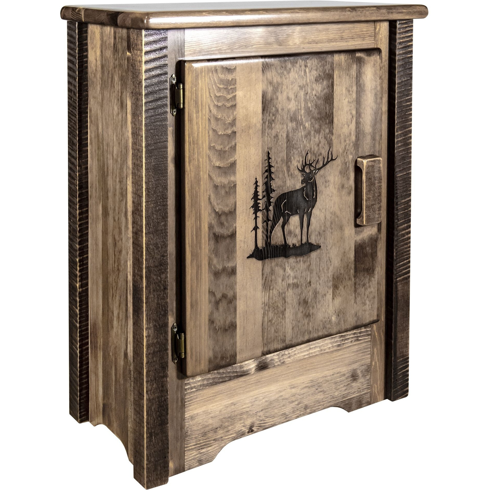 Homestead Collection Accent Cabinet w/ Laser Engraved Elk Design, Left Hinged, Stain & Clear Lacquer Finish