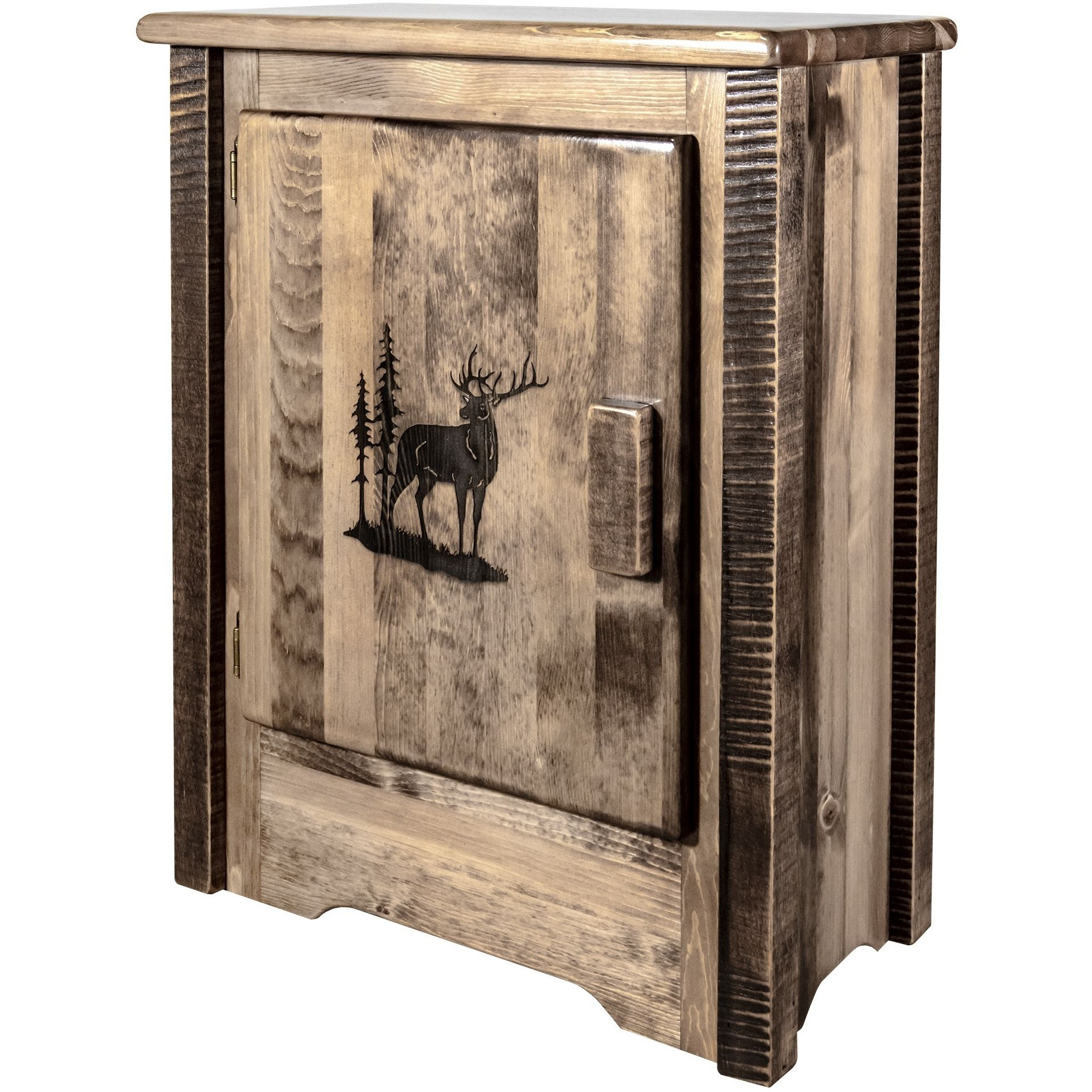 Homestead Collection Accent Cabinet w/ Laser Engraved Elk Design, Left Hinged, Stain & Clear Lacquer Finish