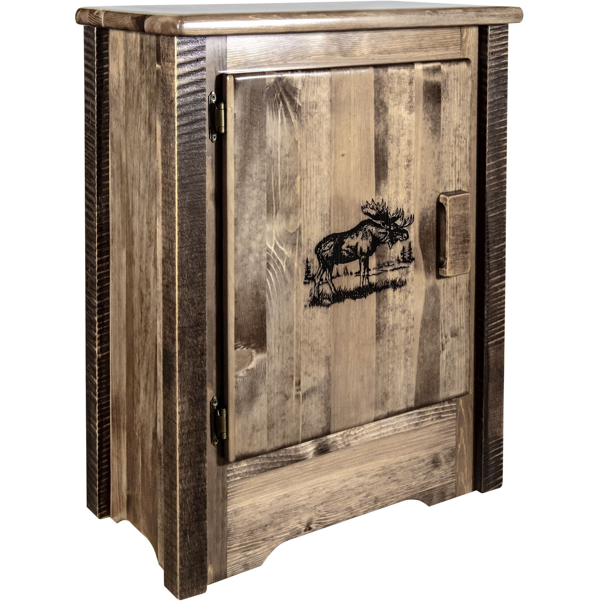 Homestead Collection Accent Cabinet w/ Laser Engraved Moose Design, Left Hinged, Stain & Clear Lacquer Finish