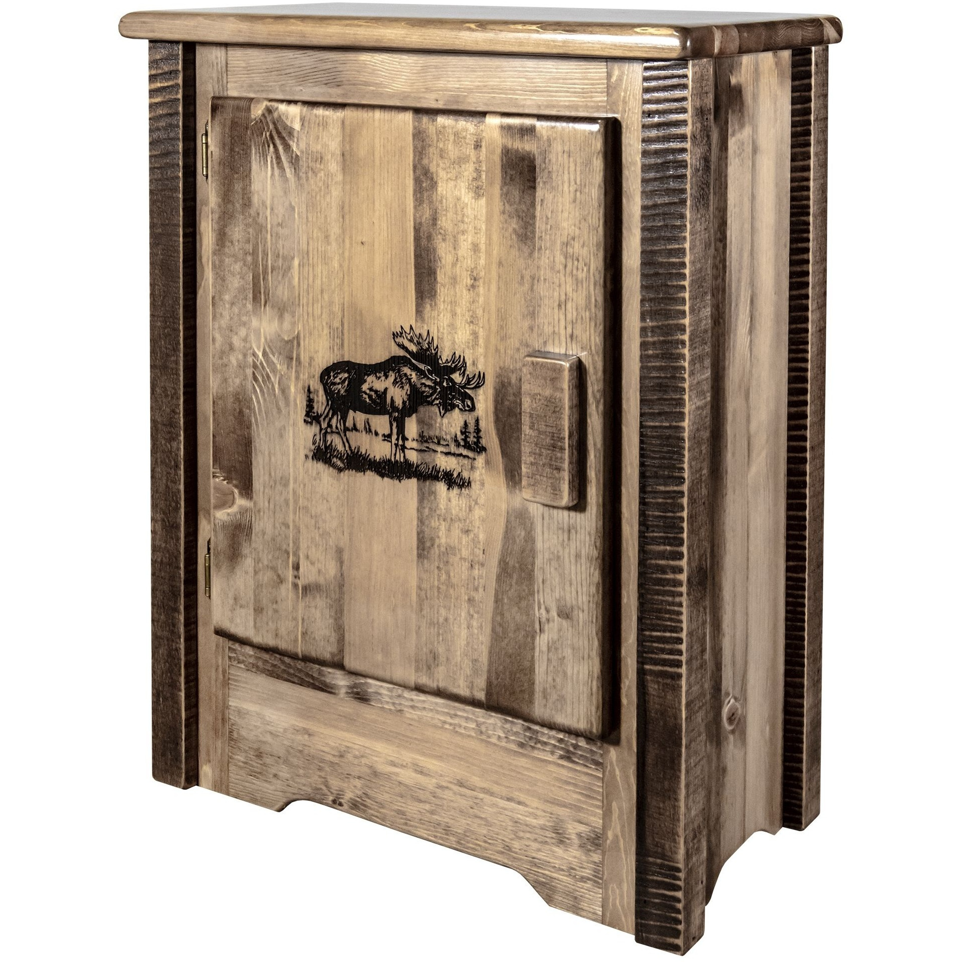 Homestead Collection Accent Cabinet w/ Laser Engraved Moose Design, Left Hinged, Stain & Clear Lacquer Finish