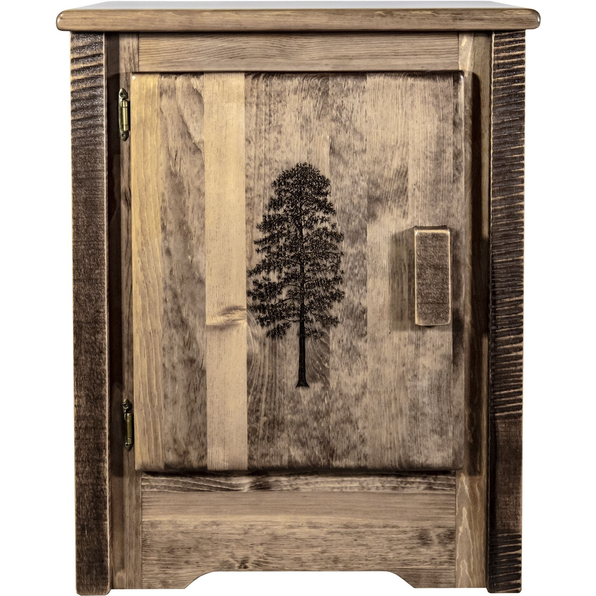 Homestead Collection Accent Cabinet w/ Laser Engraved Pine Design, Left Hinged, Stain & Clear Lacquer Finish