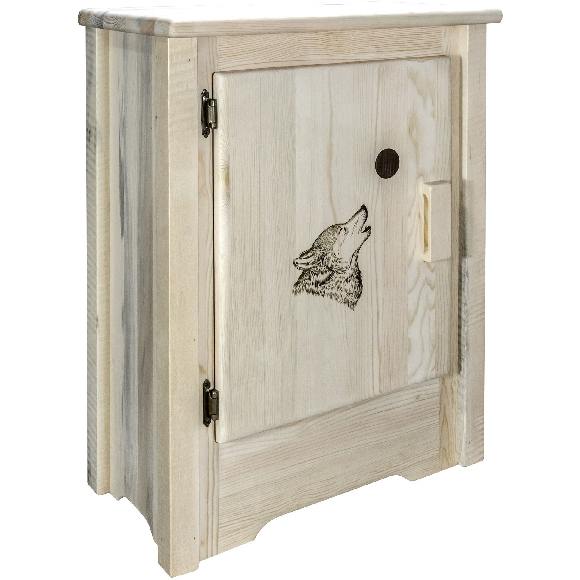 Homestead Collection Accent Cabinet w/ Laser Engraved Wolf Design, Left Hinged, Ready to Finish