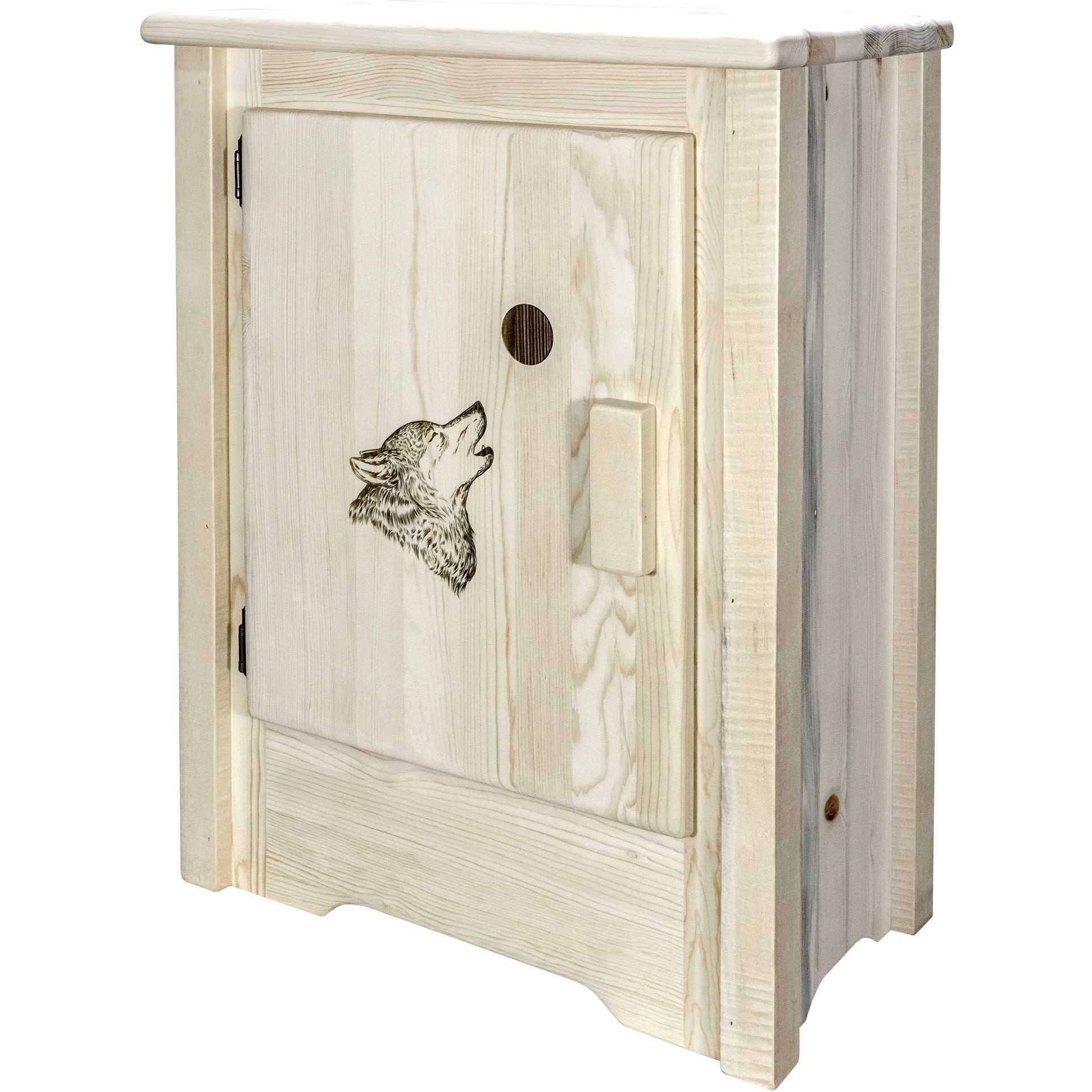 Homestead Collection Accent Cabinet w/ Laser Engraved Wolf Design, Left Hinged, Ready to Finish