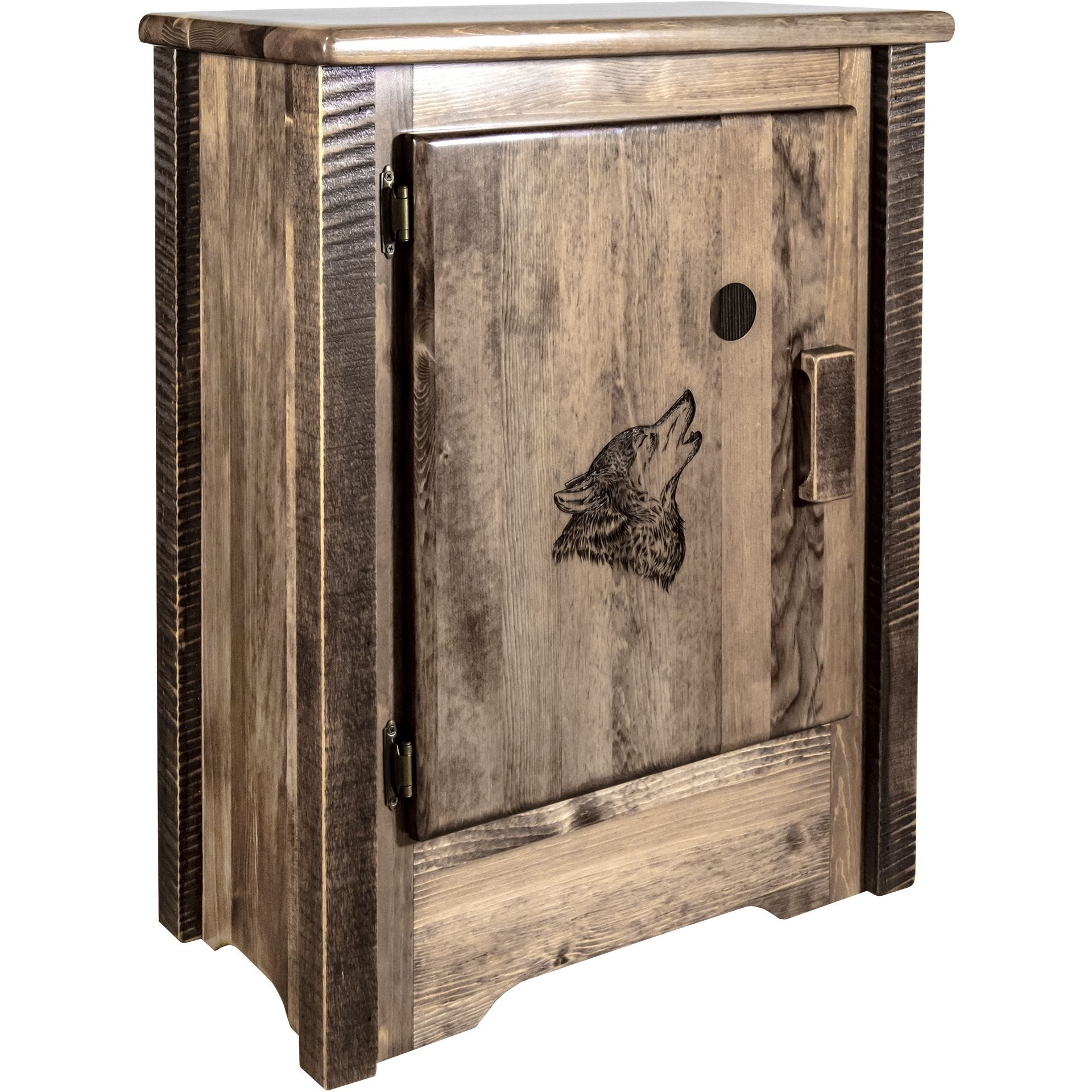Homestead Collection Accent Cabinet w/ Laser Engraved Wolf Design, Left Hinged, Stain & Clear Lacquer Finish