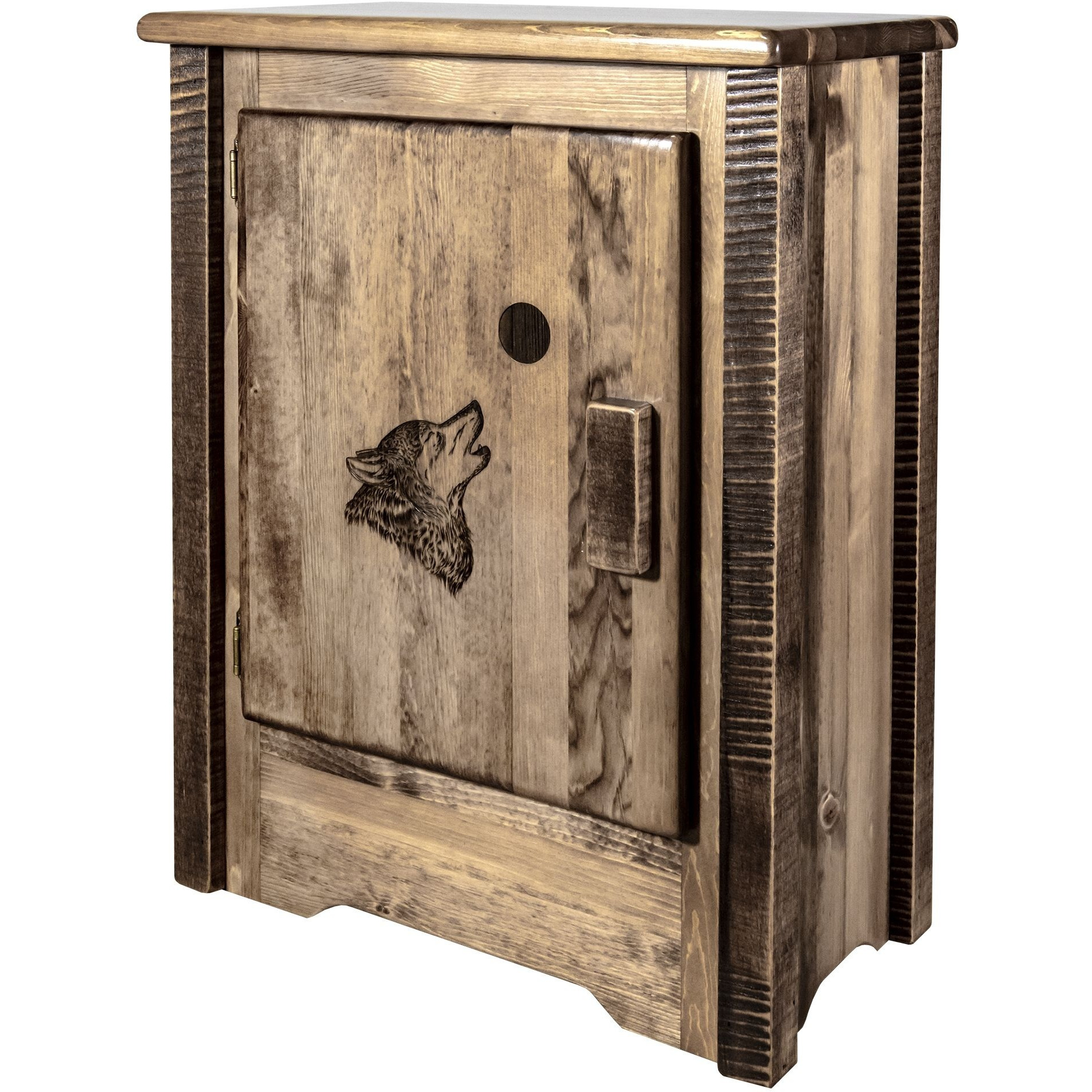 Homestead Collection Accent Cabinet w/ Laser Engraved Wolf Design, Left Hinged, Stain & Clear Lacquer Finish