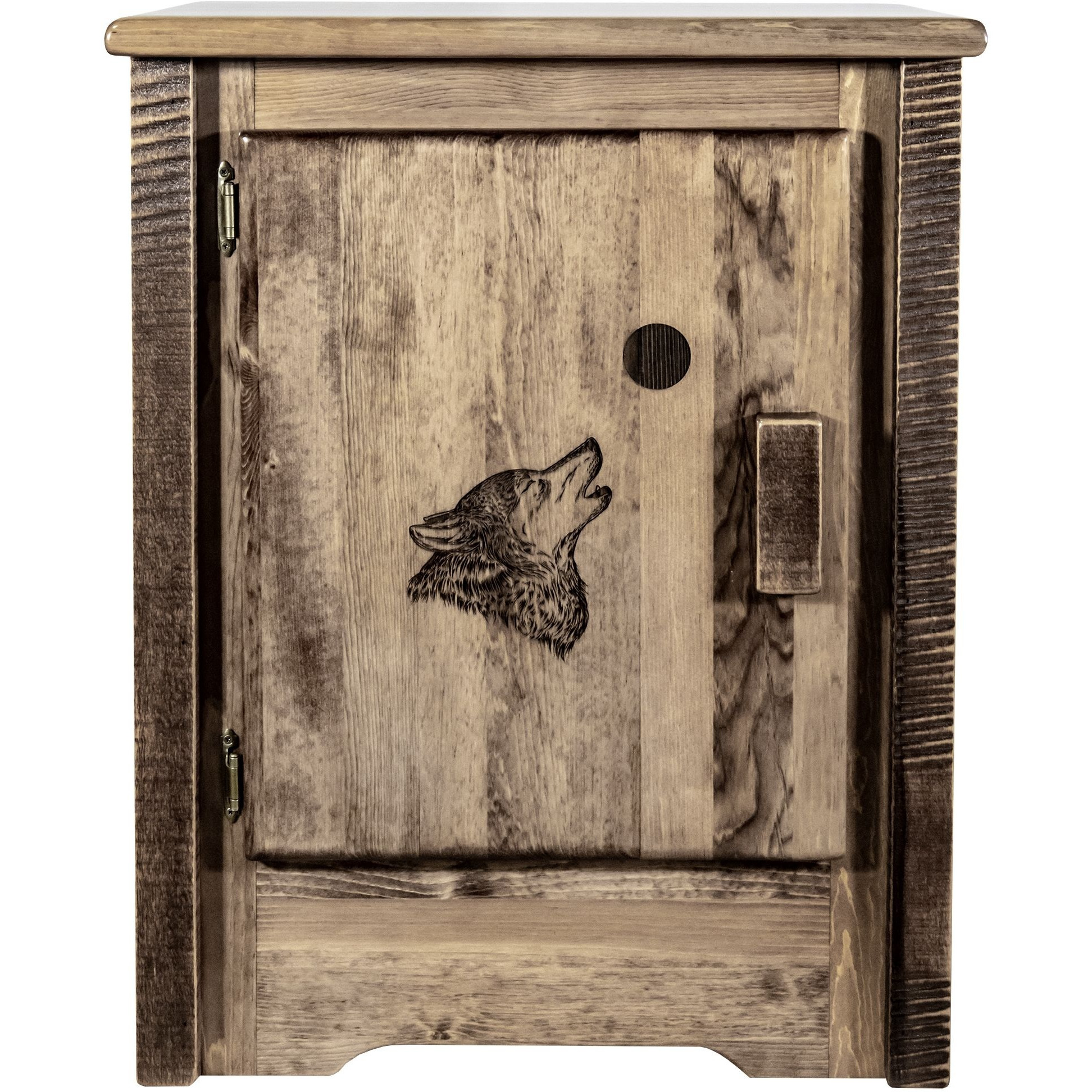 Homestead Collection Accent Cabinet w/ Laser Engraved Wolf Design, Left Hinged, Stain & Clear Lacquer Finish
