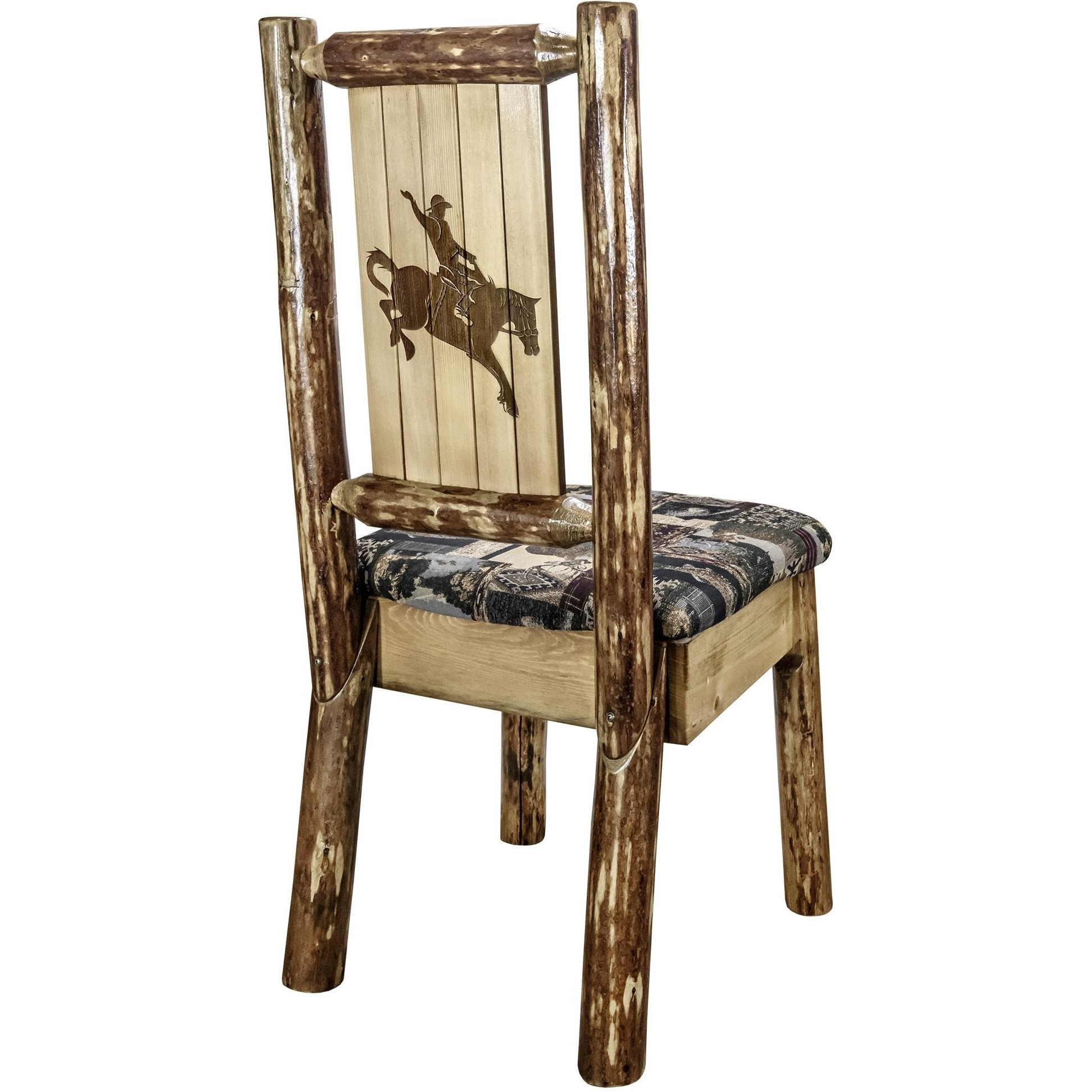 Glacier Country Collection Side Chair - Woodland Upholstery, w/ Laser Engraved Bronc Design