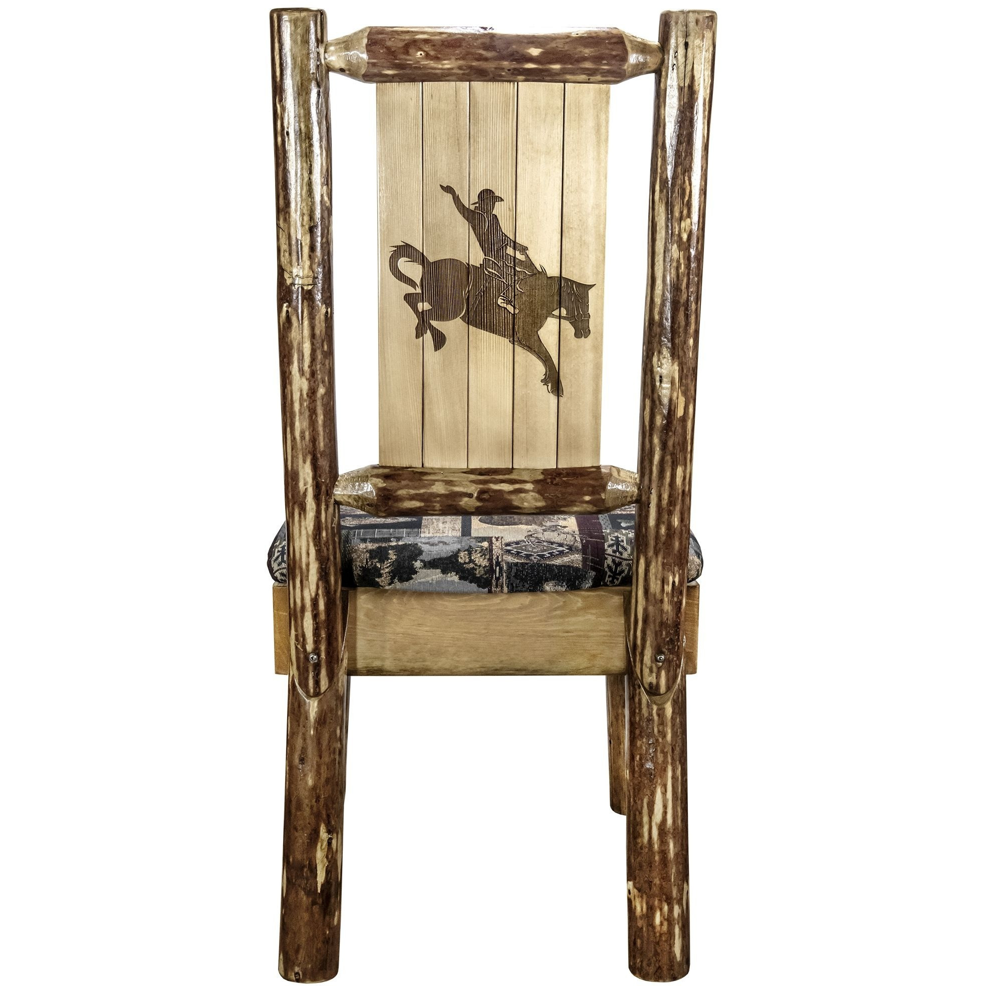 Glacier Country Collection Side Chair - Woodland Upholstery, w/ Laser Engraved Bronc Design