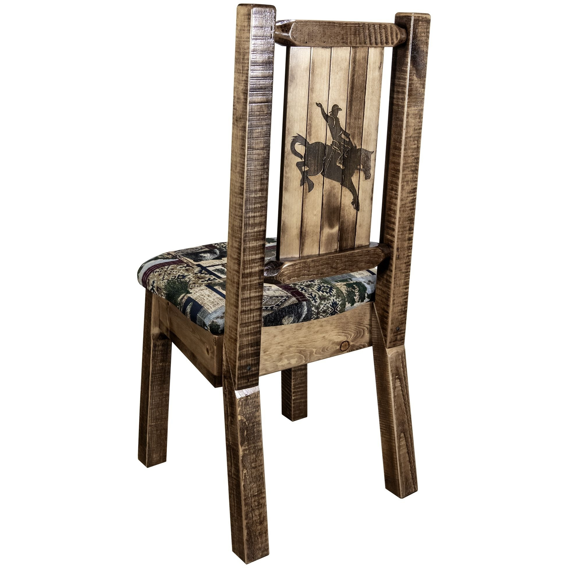 Homestead Collection Side Chair - Woodland Upholstery w/ Laser Engraved Bronc Design, Stain & Lacquer Finish