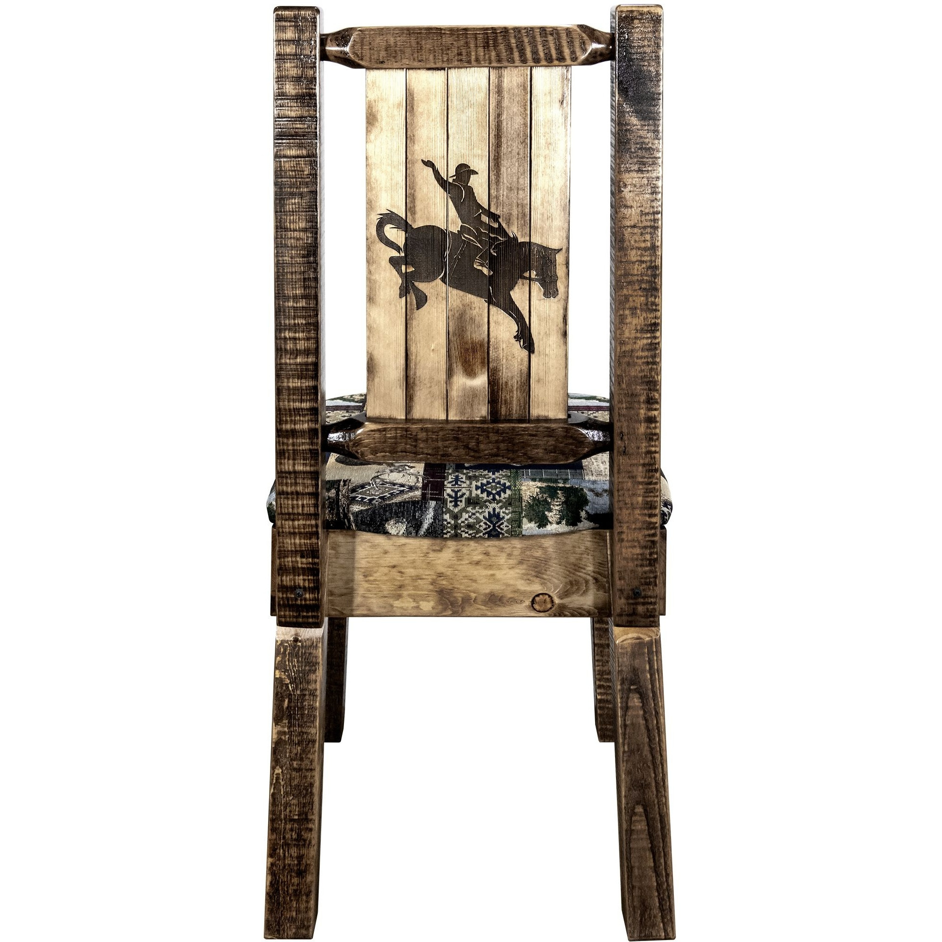 Homestead Collection Side Chair - Woodland Upholstery w/ Laser Engraved Bronc Design, Stain & Lacquer Finish