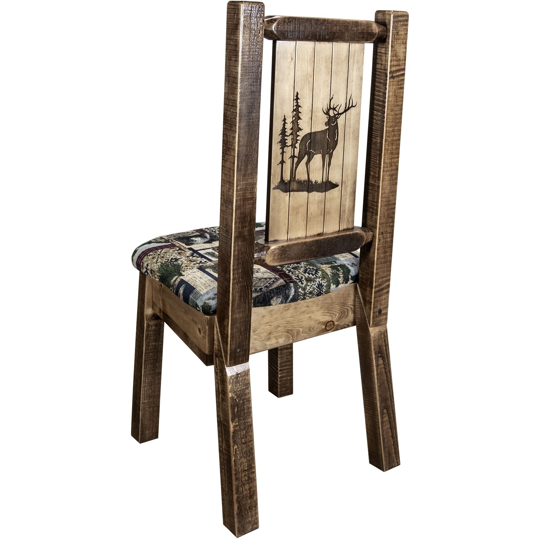 Homestead Collection Side Chair - Woodland Upholstery w/ Laser Engraved Elk Design, Stain & Lacquer Finish