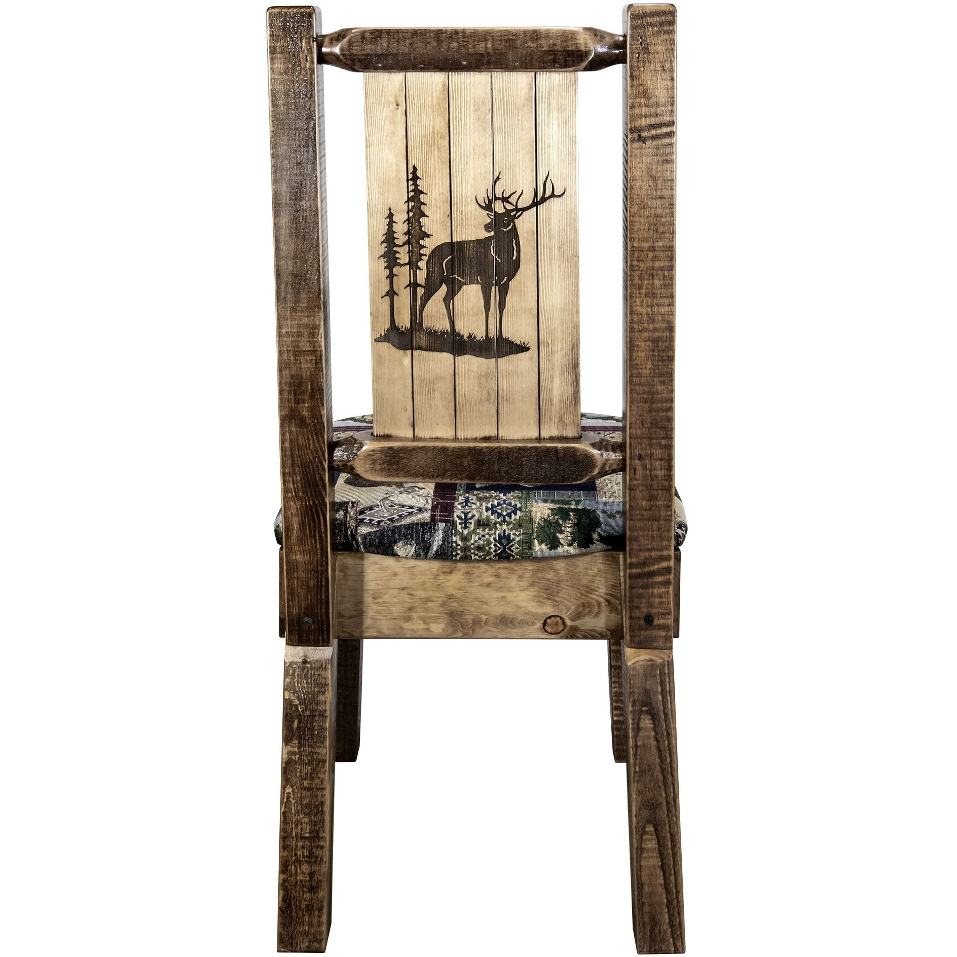 Homestead Collection Side Chair - Woodland Upholstery w/ Laser Engraved Elk Design, Stain & Lacquer Finish