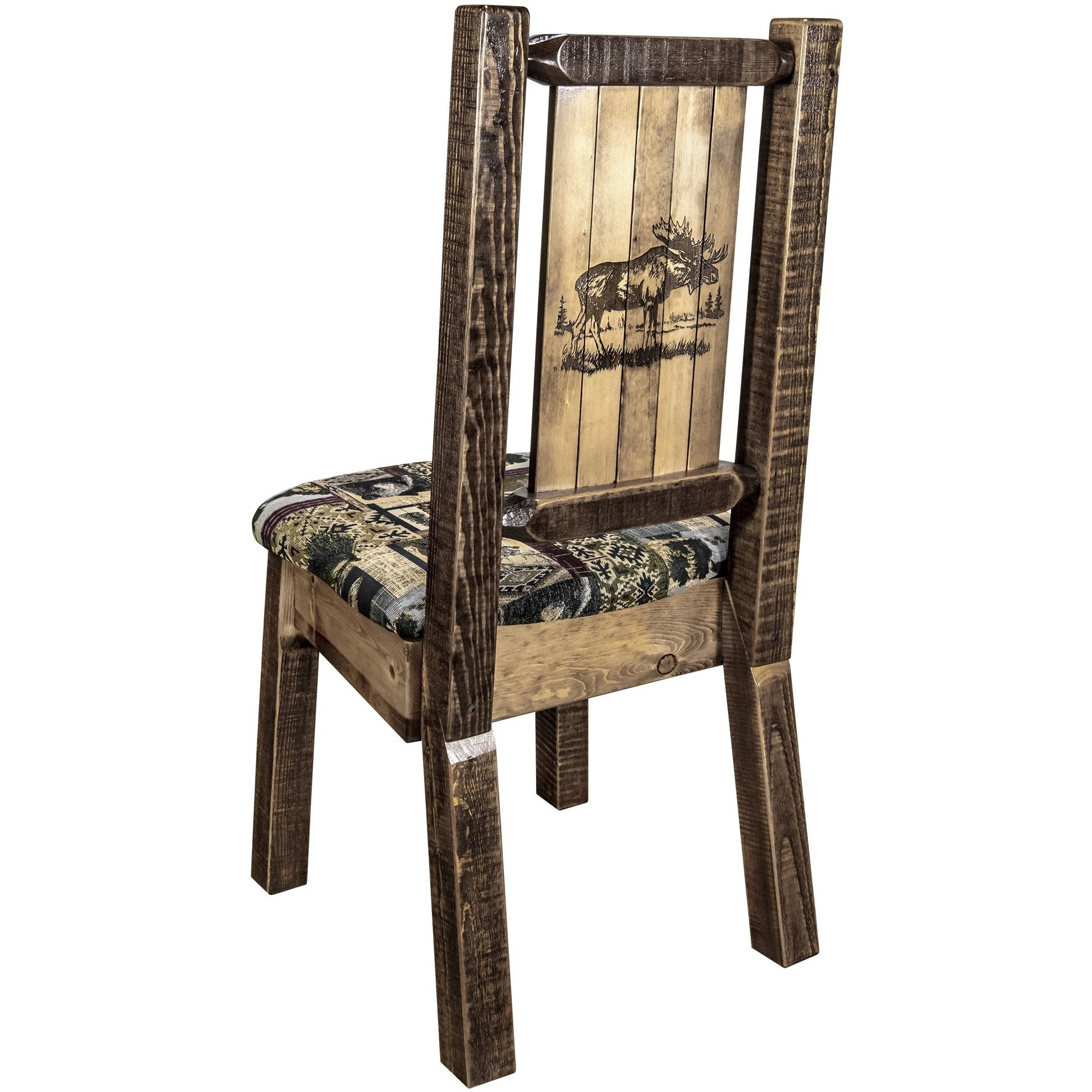 Homestead Collection Side Chair - Woodland Upholstery w/ Laser Engraved Moose Design, Stain & Lacquer Finish