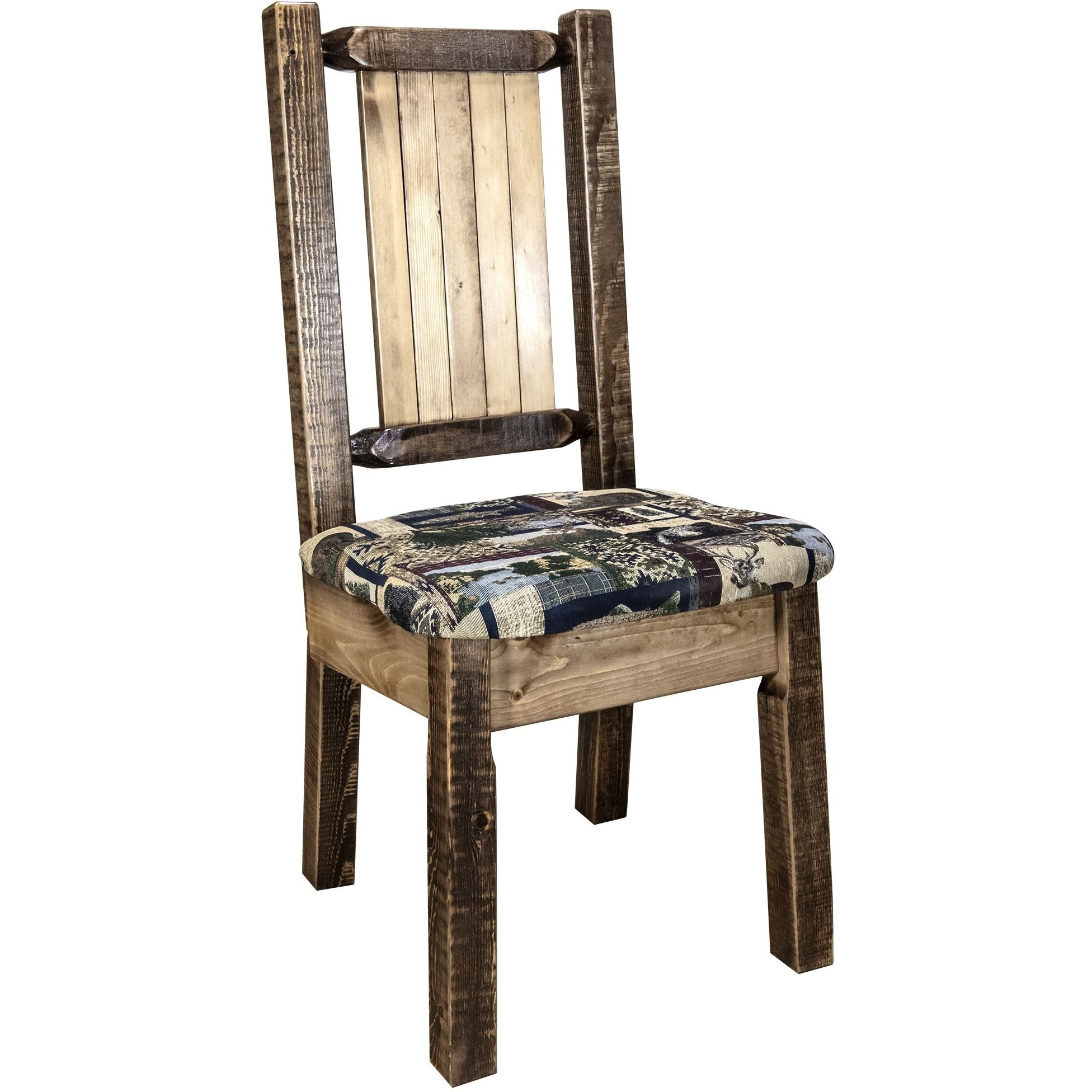 Homestead Collection Side Chair - Woodland Upholstery w/ Laser Engraved Moose Design, Stain & Lacquer Finish