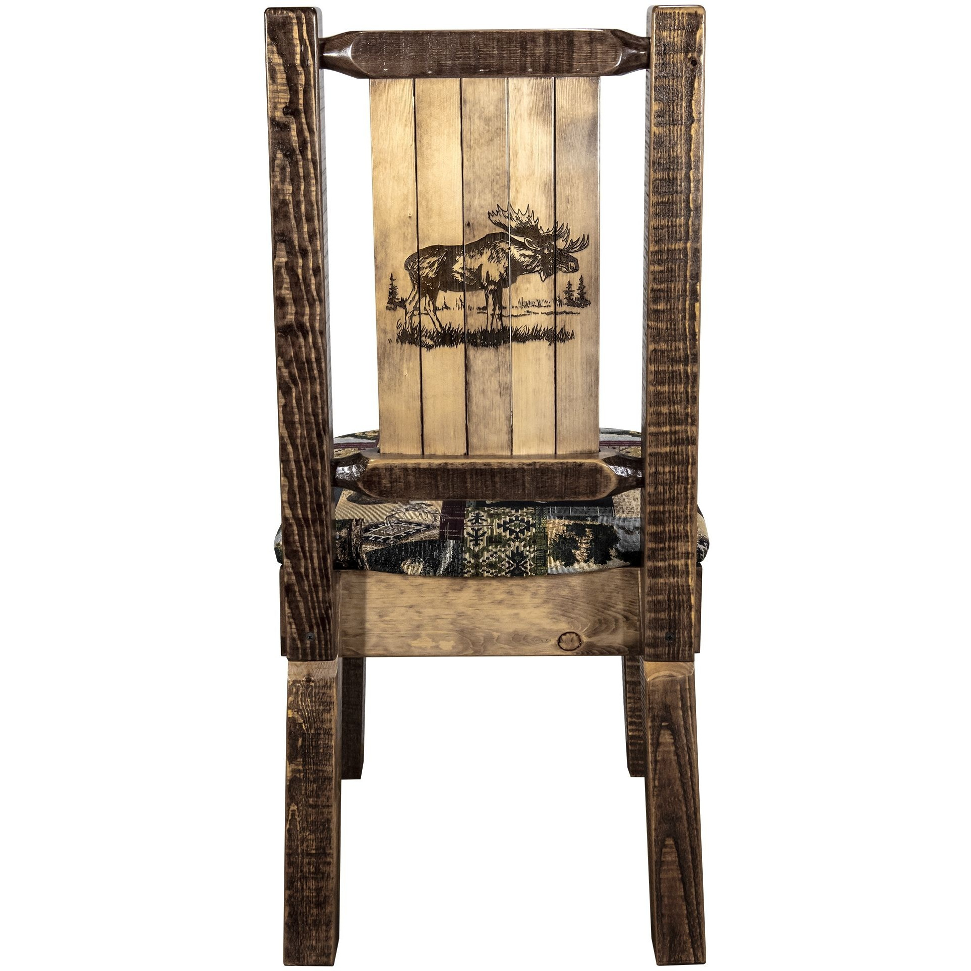 Homestead Collection Side Chair - Woodland Upholstery w/ Laser Engraved Moose Design, Stain & Lacquer Finish