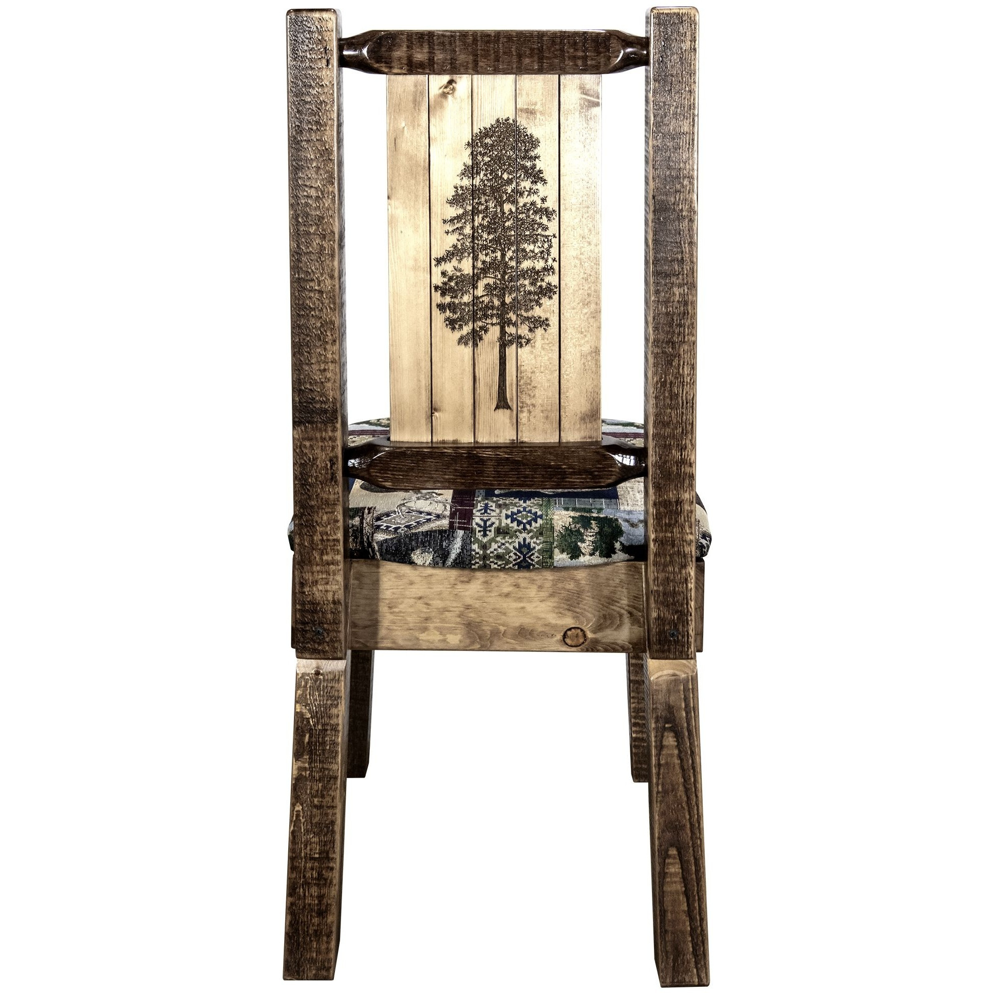 Homestead Collection Side Chair - Woodland Upholstery w/ Laser Engraved Pine Tree Design, Stain & Lacquer Finish