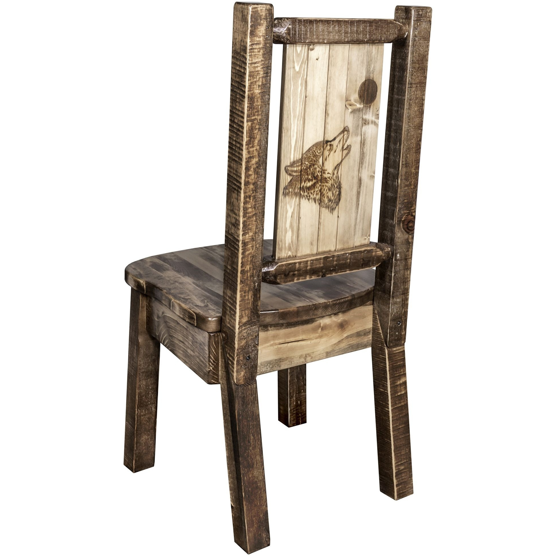 Homestead Collection Side Chair - Woodland Upholstery w/ Laser Engraved Wolf Design, Stain & Lacquer Finish