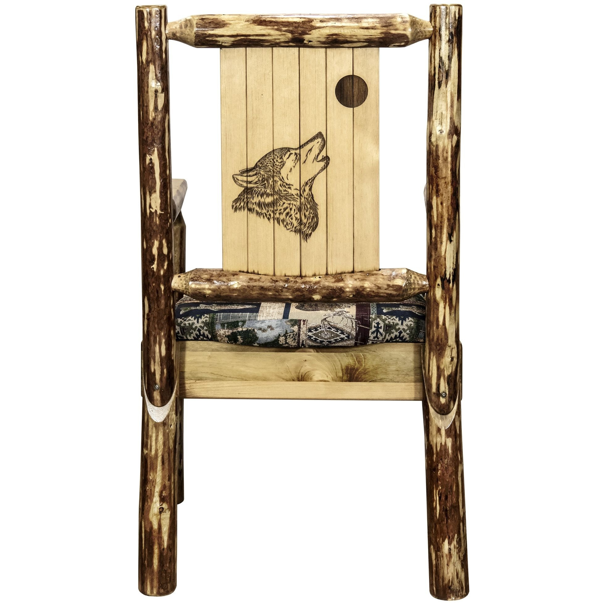 Glacier Country Collection Captain's Chair, Woodland Upholstery w/ Laser Engraved Wolf Design