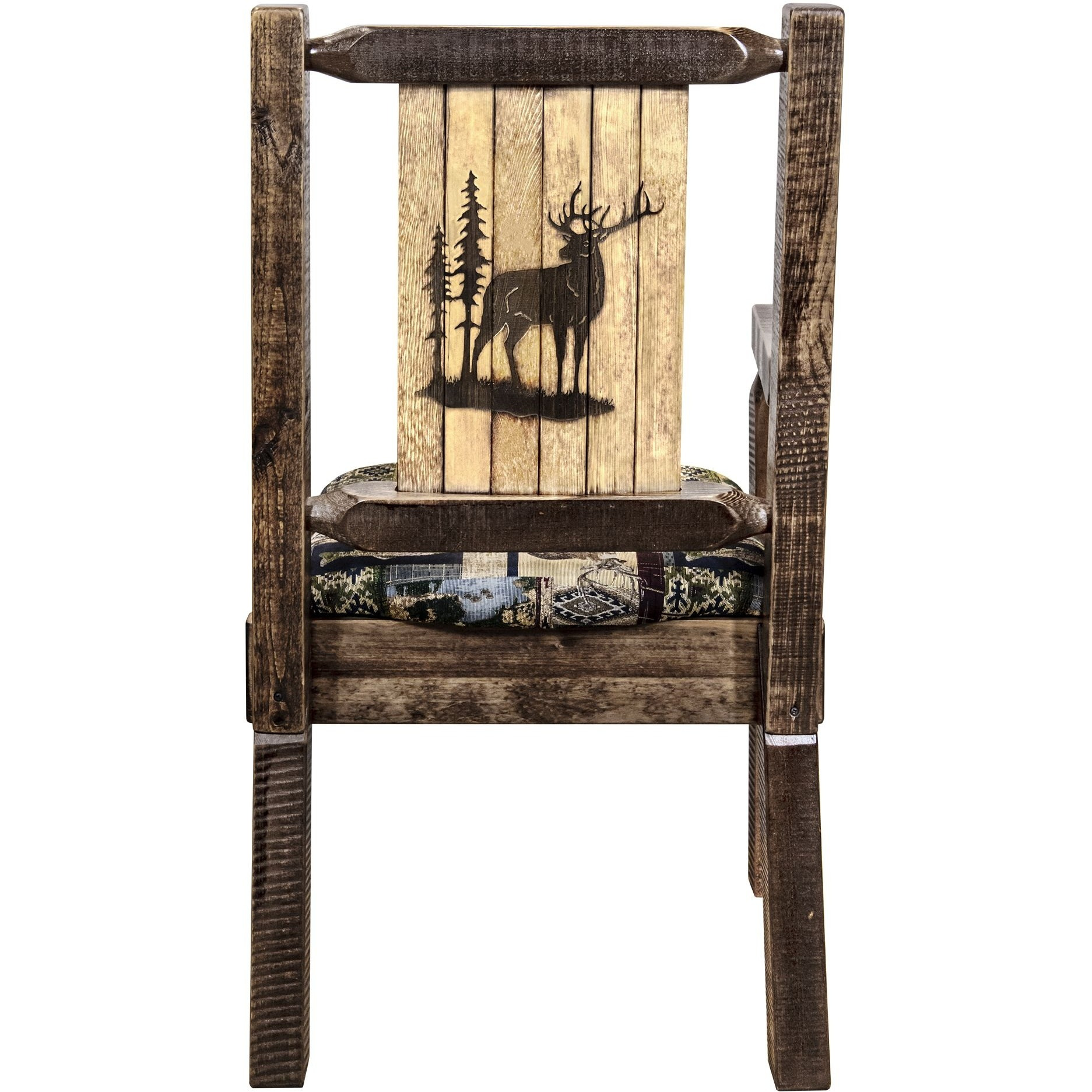 Homestead Collection Captain's Chair, Woodland Upholstery w/ Laser Engraved Elk Design, Stain & Lacquer Finish