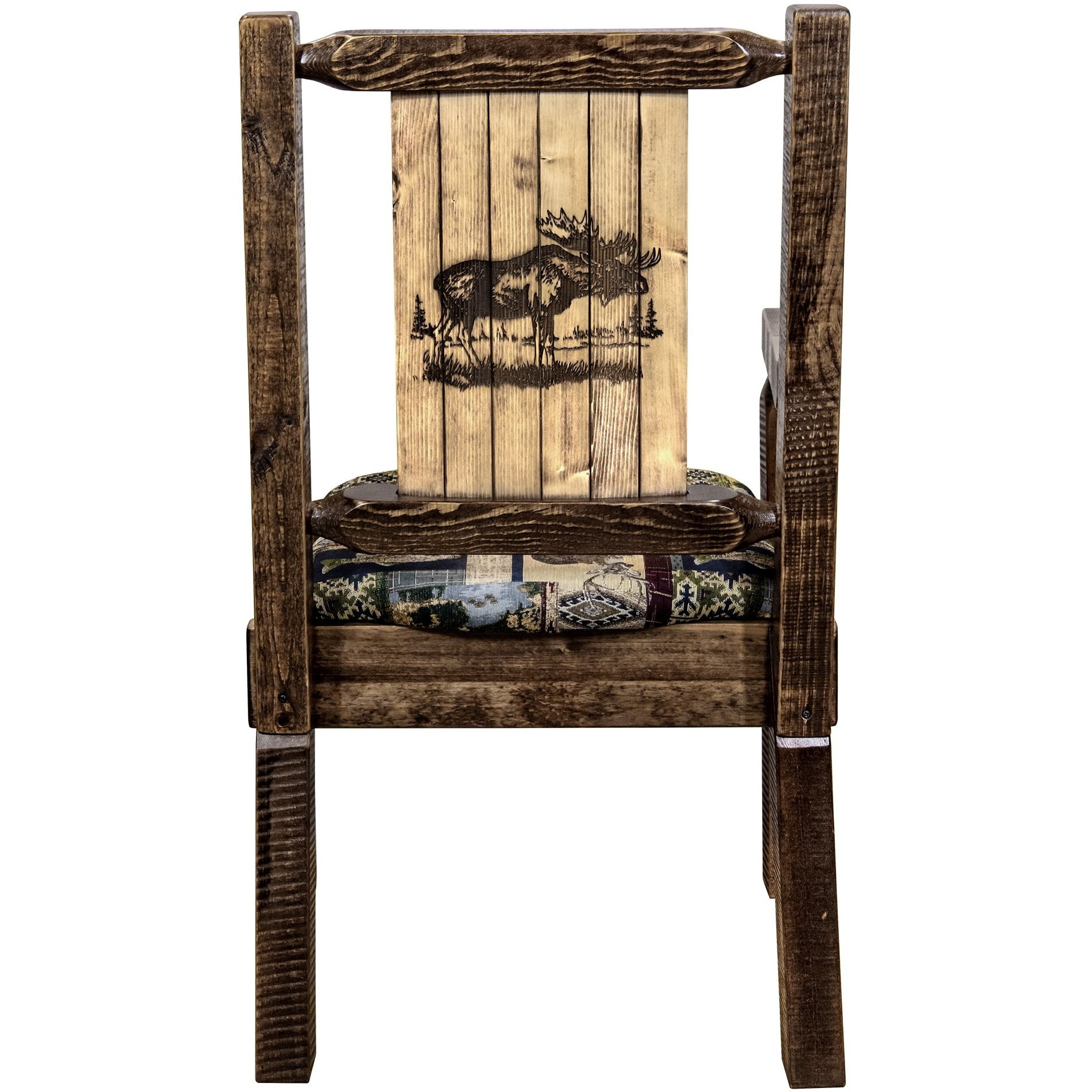 Homestead Collection Captain's Chair, Woodland Upholstery w/ Laser Engraved Moose Design, Stain & Lacquer Finish