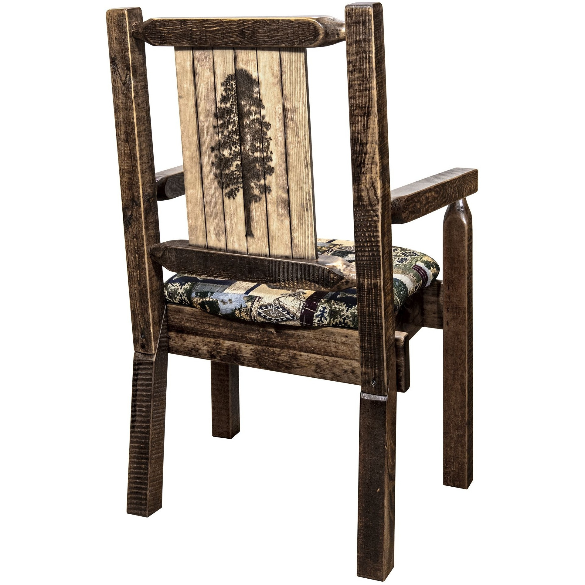 Homestead Collection Captain's Chair, Woodland Upholstery w/ Laser Engraved Pine Tree Design, Stain & Lacquer Finish