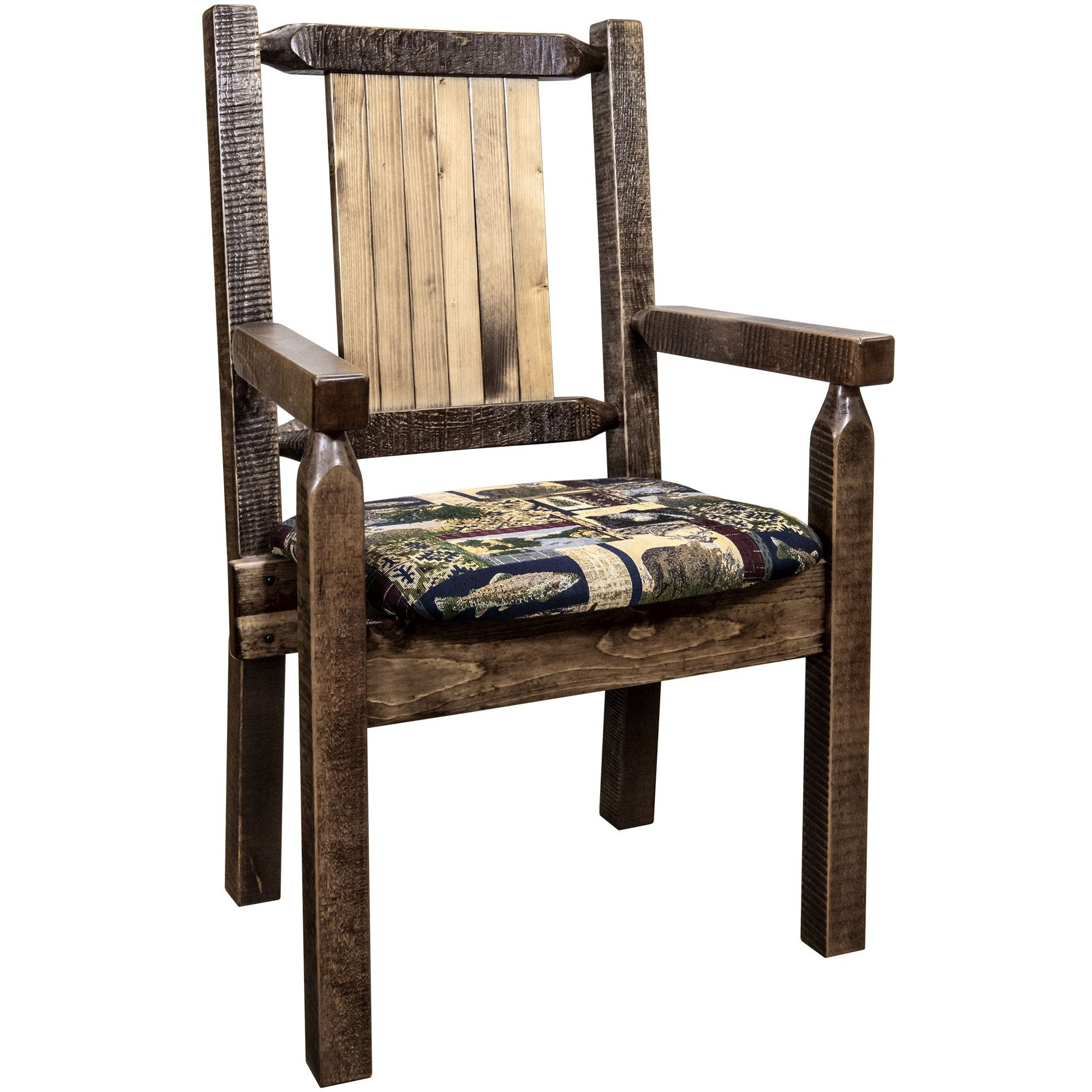 Homestead Collection Captain's Chair, Woodland Upholstery w/ Laser Engraved Pine Tree Design, Stain & Lacquer Finish