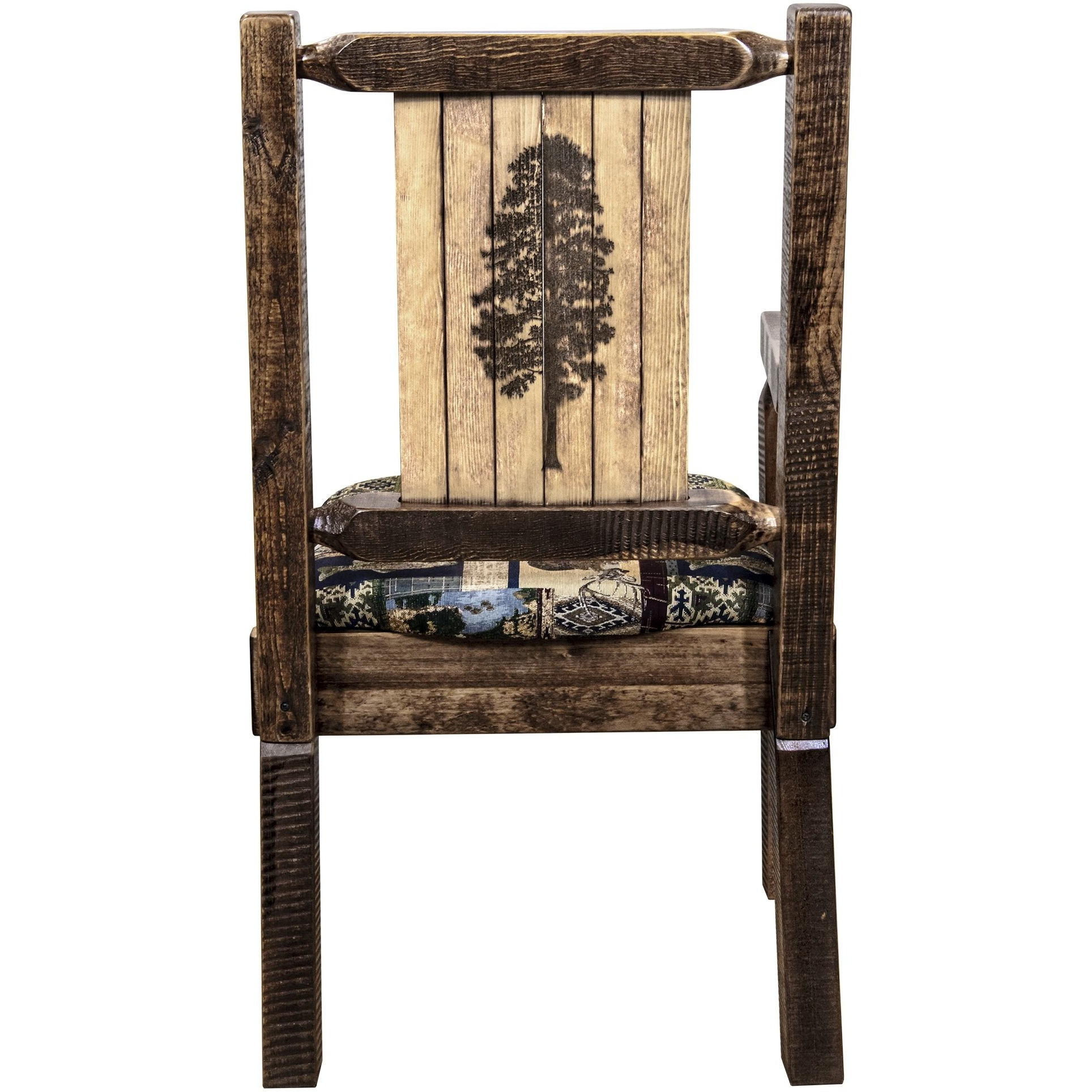 Homestead Collection Captain's Chair, Woodland Upholstery w/ Laser Engraved Pine Tree Design, Stain & Lacquer Finish