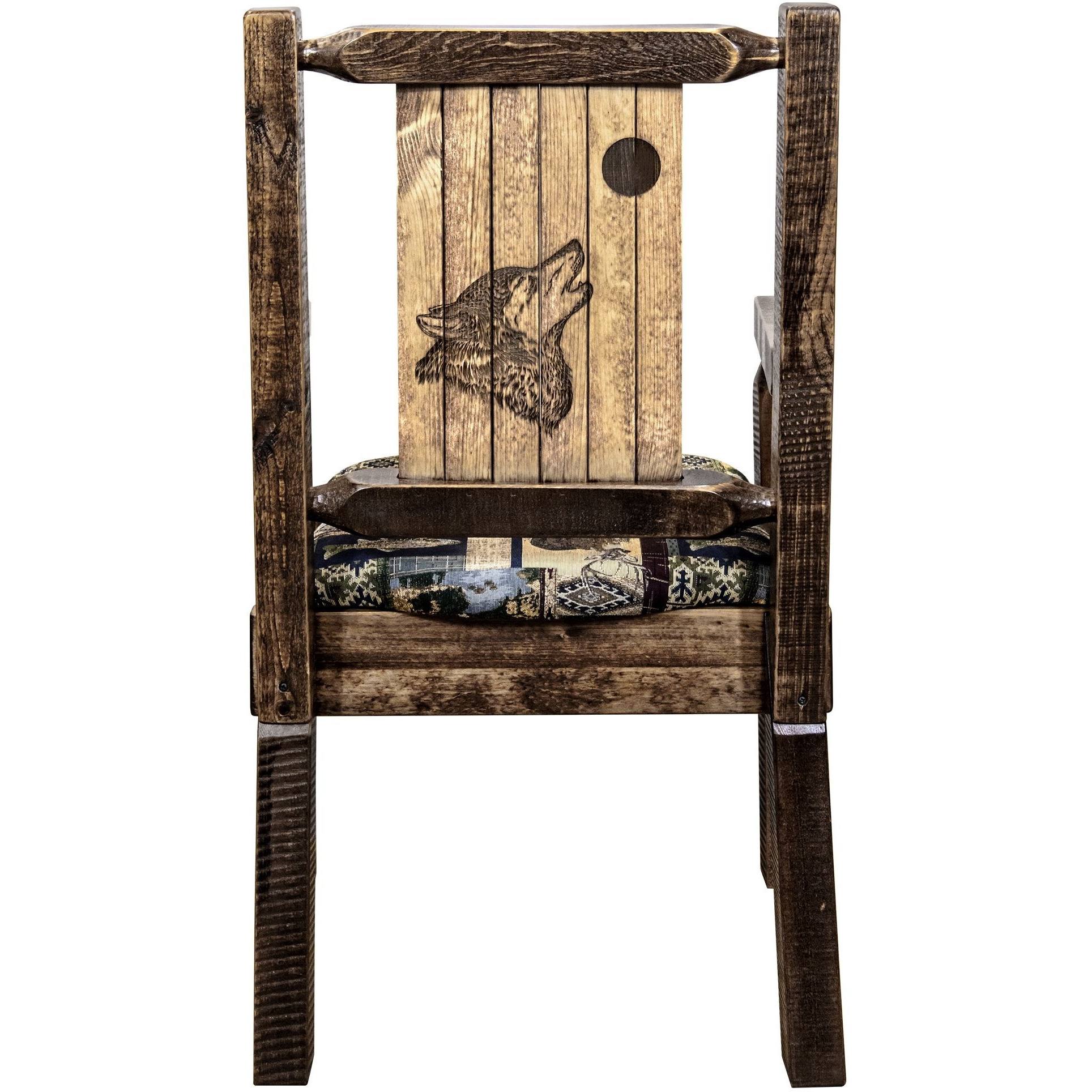 Homestead Collection Captain's Chair, Woodland Upholstery w/ Laser Engraved Wolf Design, Stain & Lacquer Finish