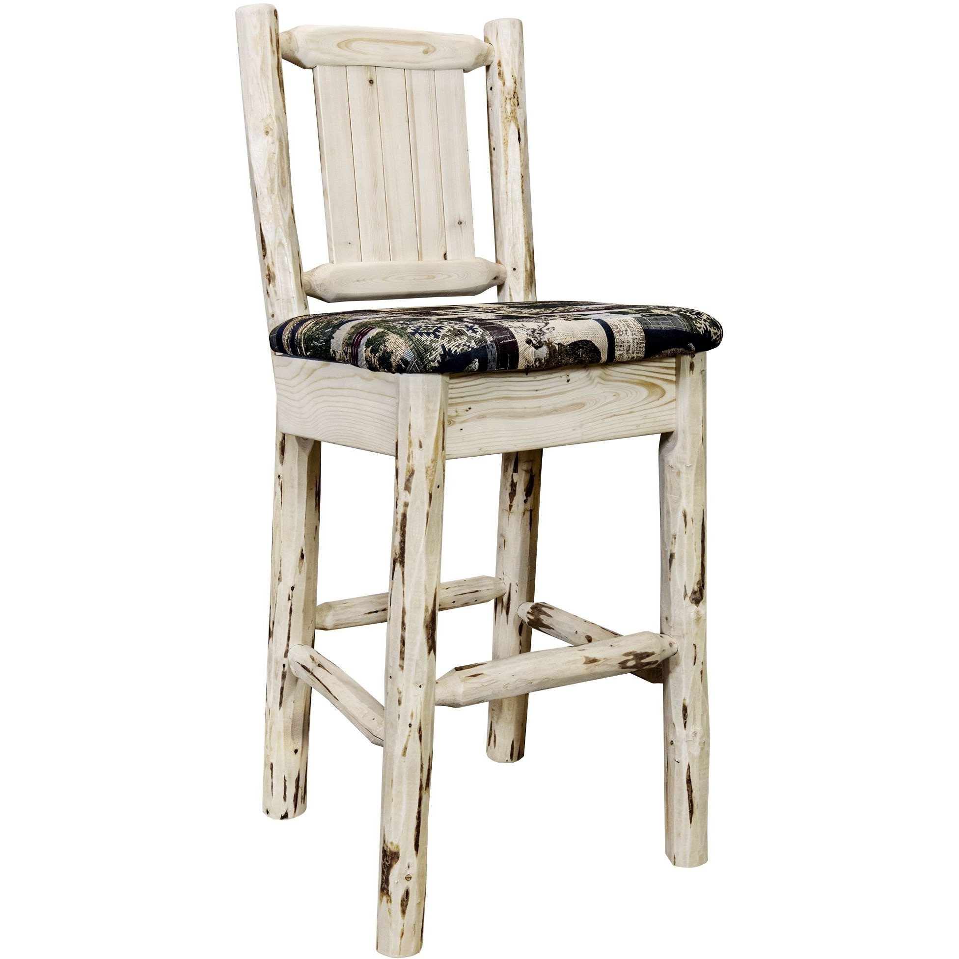 Montana Collection Barstool w/ Back - Woodland Upholstery, w/ Laser Engraved Bear Design, Ready to Finish