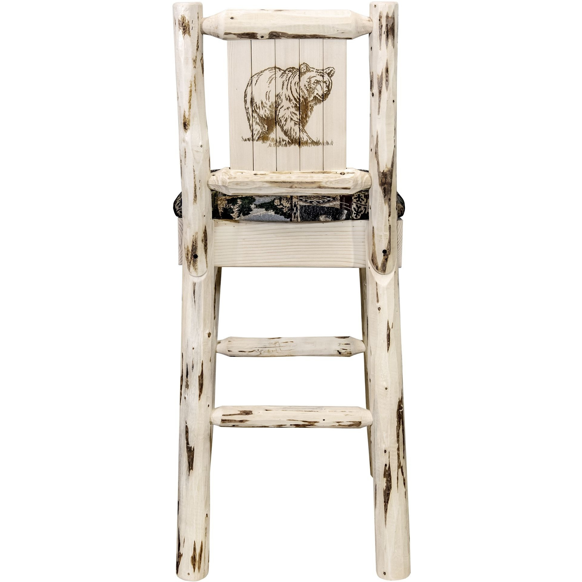 Montana Collection Barstool w/ Back - Woodland Upholstery, w/ Laser Engraved Bear Design, Ready to Finish
