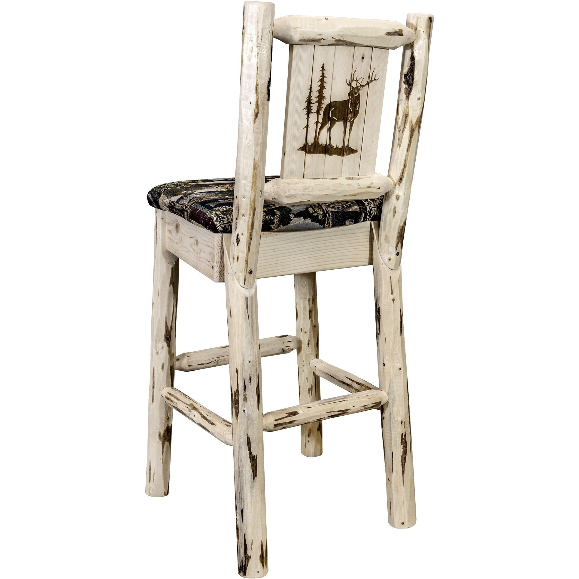 Montana Collection Barstool w/ Back - Woodland Upholstery, w/ Laser Engraved Elk Design, Ready to Finish