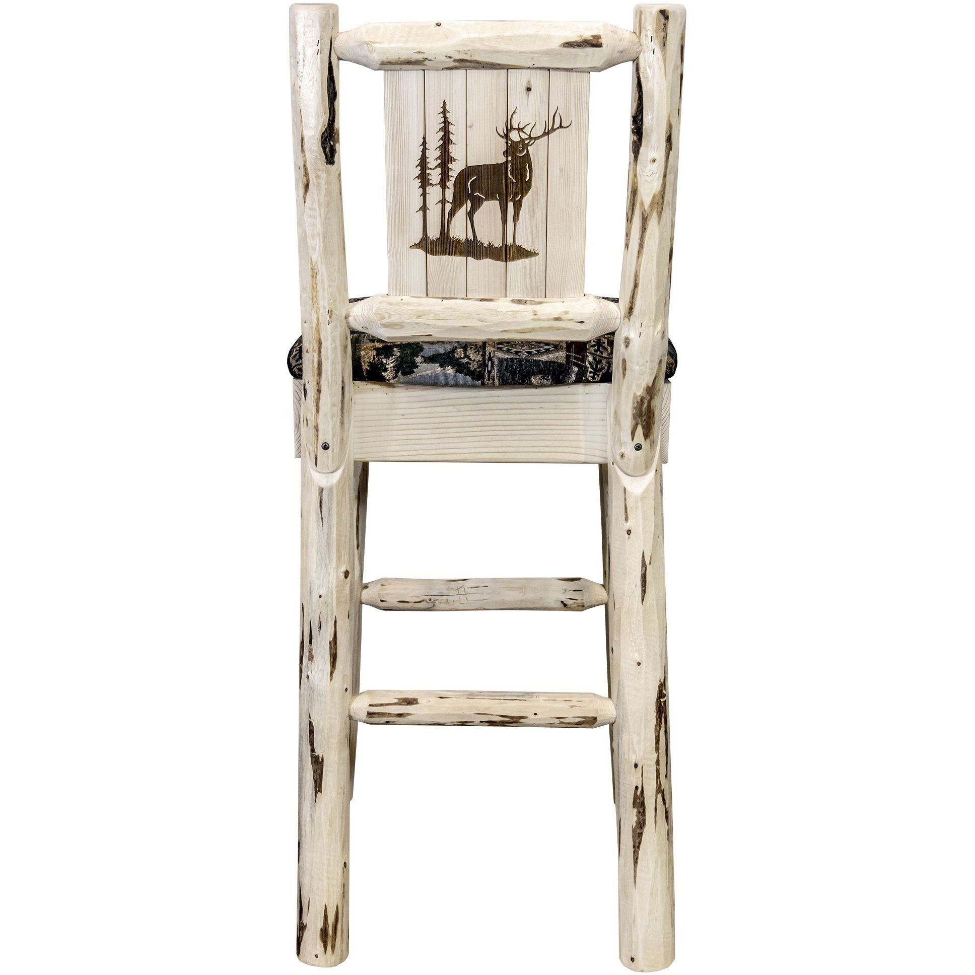 Montana Collection Barstool w/ Back - Woodland Upholstery, w/ Laser Engraved Elk Design, Ready to Finish
