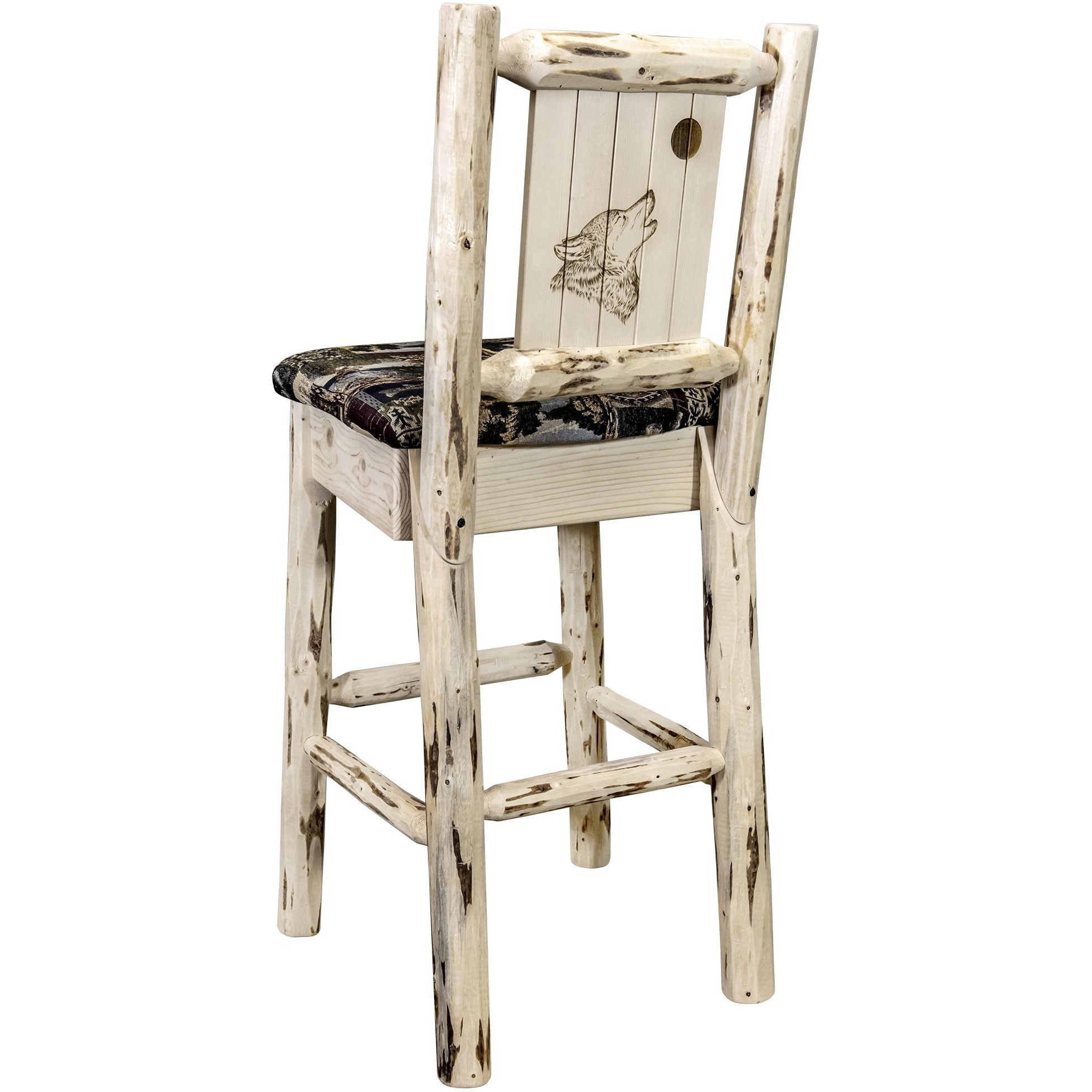 Montana Collection Barstool w/ Back - Woodland Upholstery, w/ Laser Engraved Wolf Design, Ready to Finish