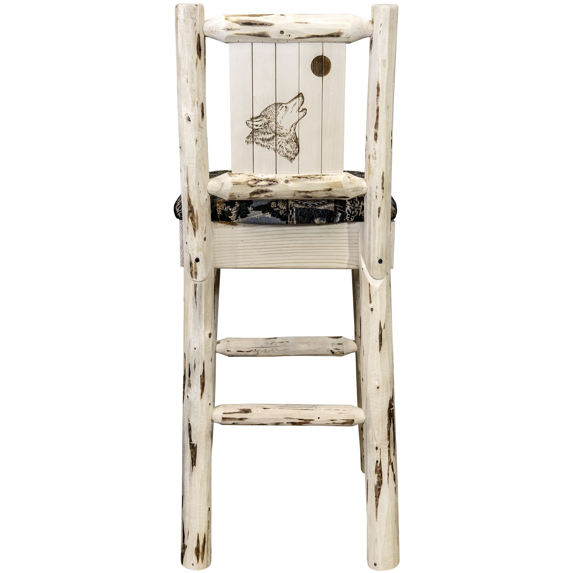Montana Collection Barstool w/ Back - Woodland Upholstery, w/ Laser Engraved Wolf Design, Ready to Finish