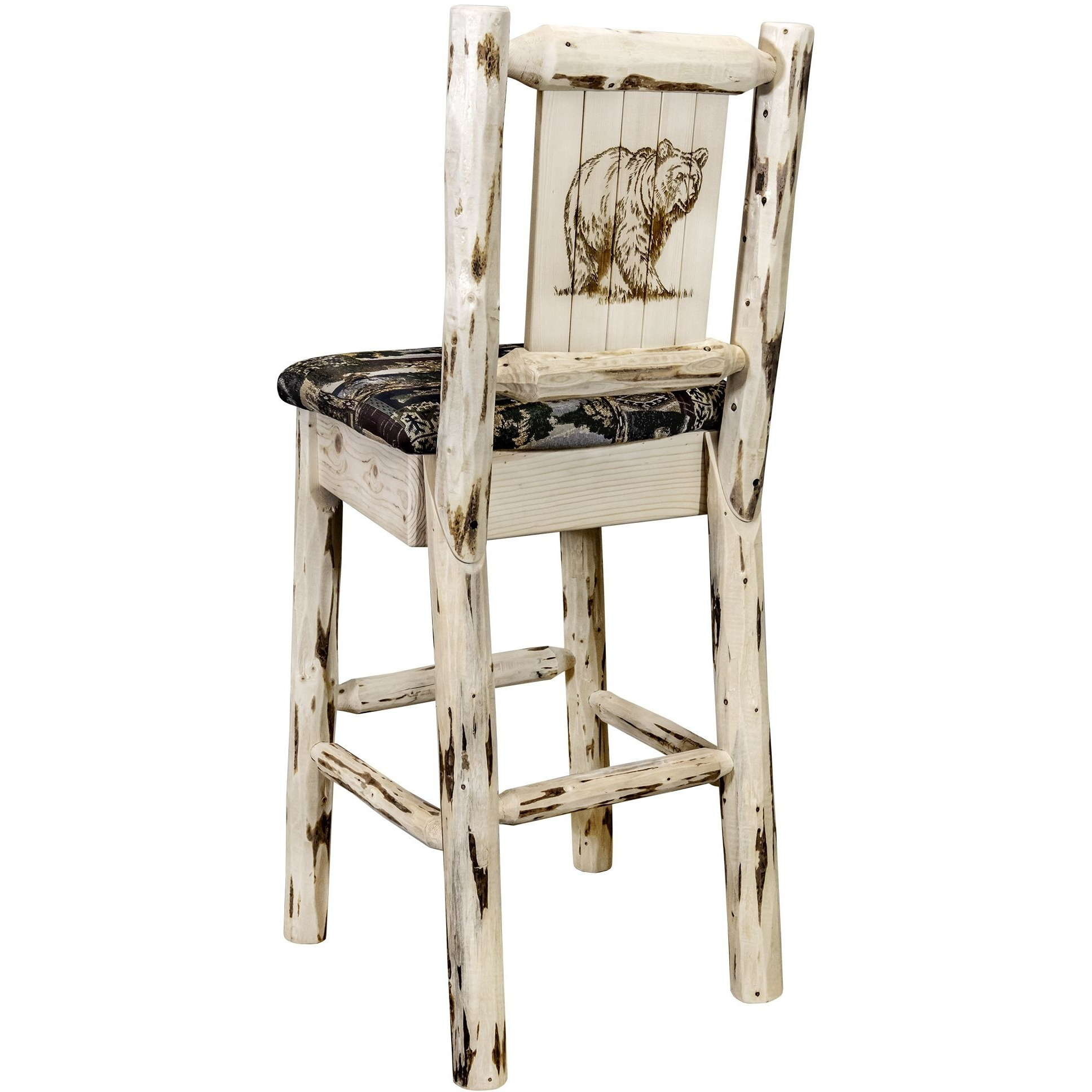Montana Collection Barstool w/ Back - Woodland Upholstery, w/ Laser Engraved Bear Design, Clear Lacquer Finish