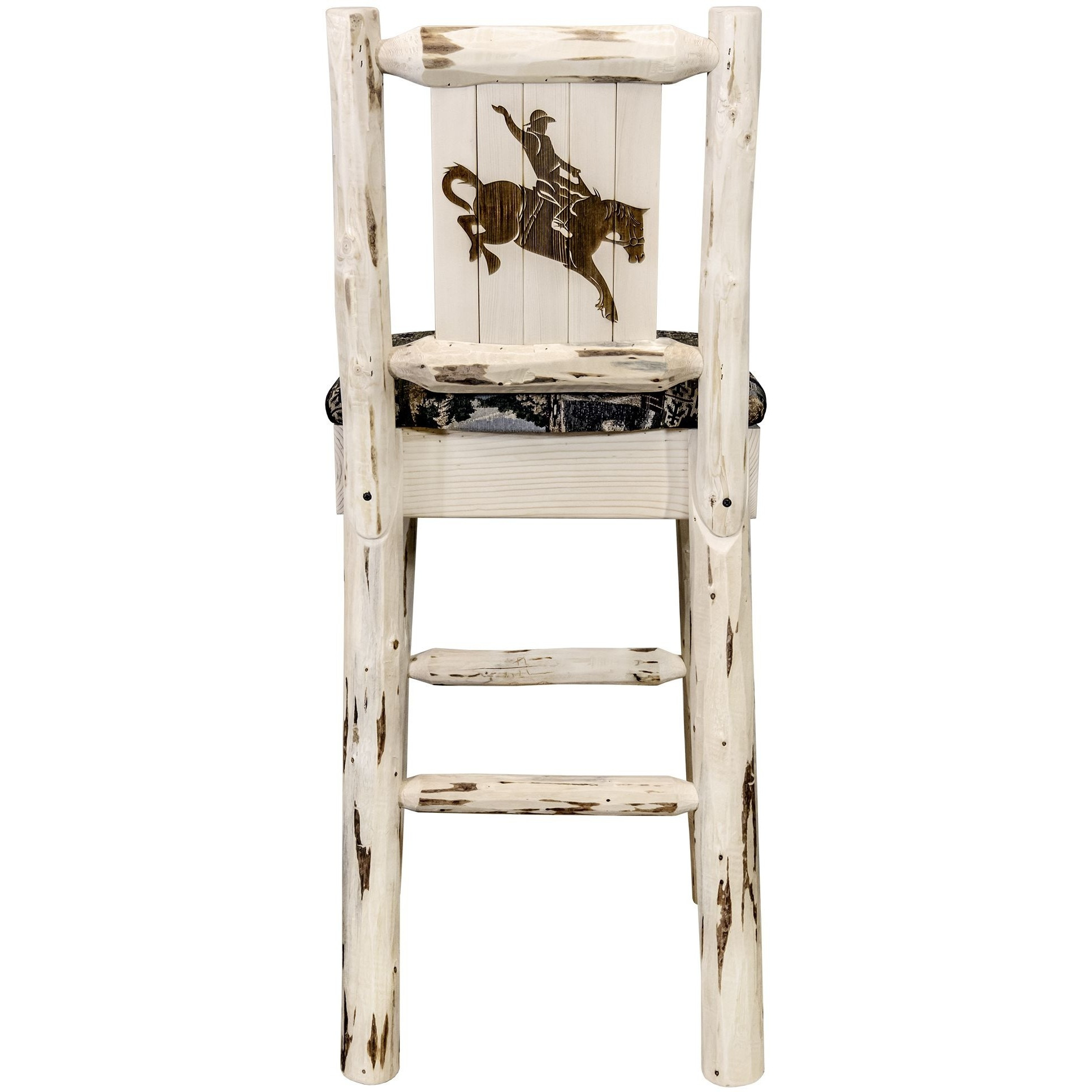 Montana Collection Barstool w/ Back - Woodland Upholstery, w/ Laser Engraved Bronc Design, Clear Lacquer Finish