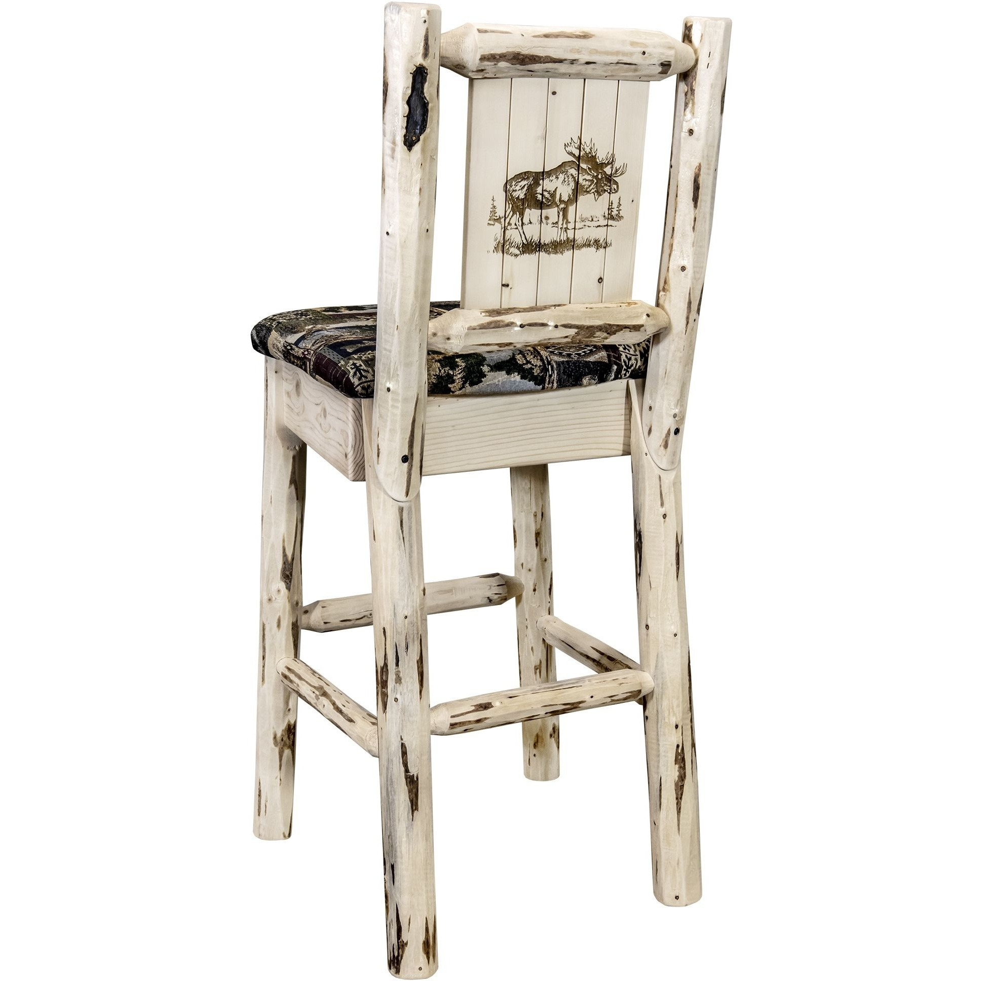 Montana Collection Barstool w/ Back - Woodland Upholstery, w/ Laser Engraved Moose Design, Clear Lacquer Finish