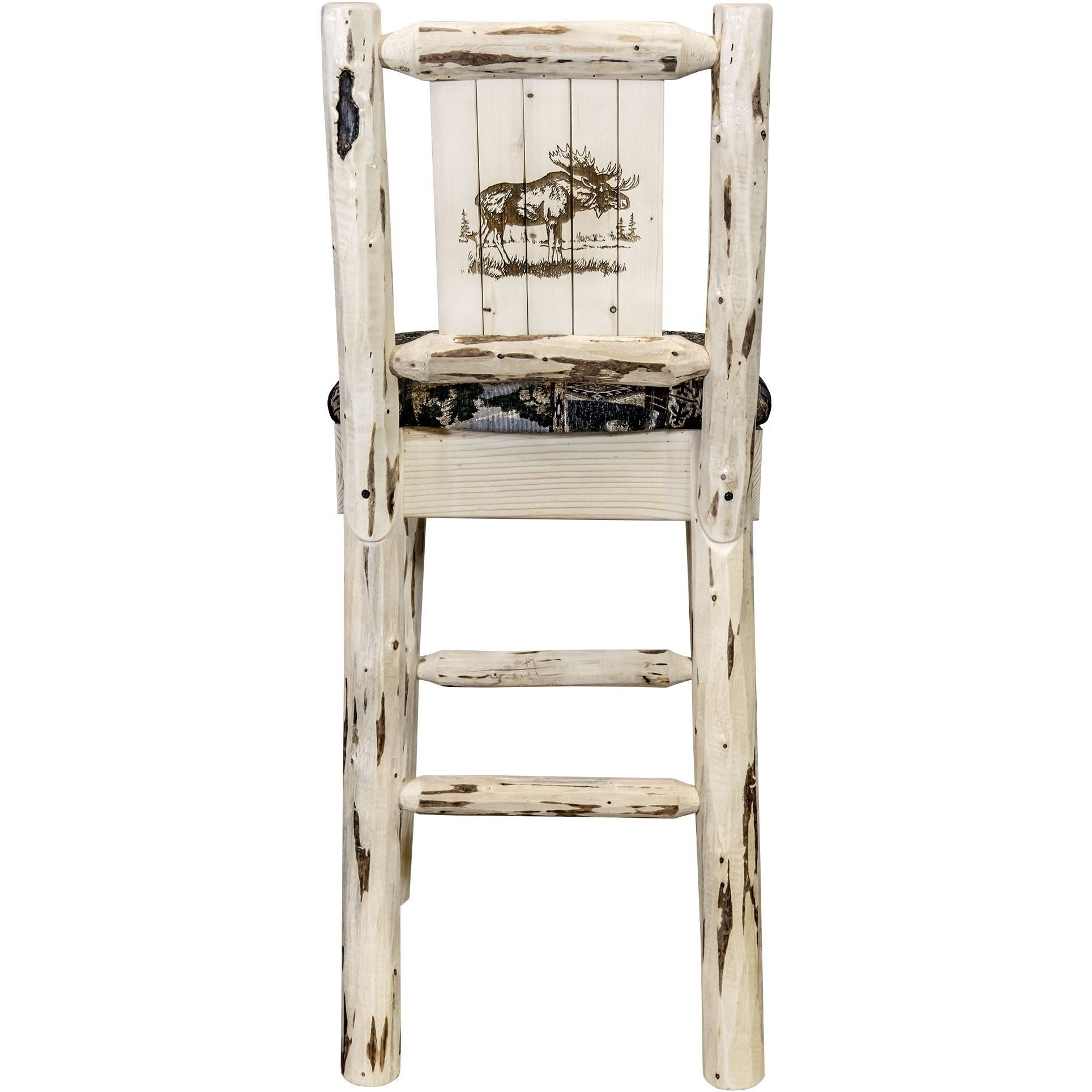 Montana Collection Barstool w/ Back - Woodland Upholstery, w/ Laser Engraved Moose Design, Clear Lacquer Finish