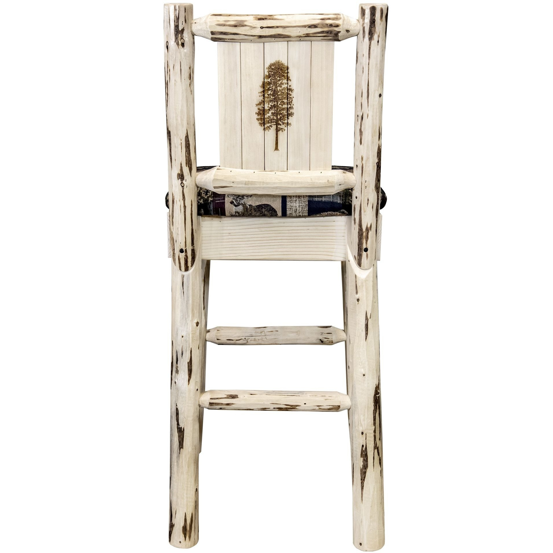 Montana Collection Barstool w/ Back - Woodland Upholstery, w/ Laser Engraved Pine Tree Design, Clear Lacquer Finish