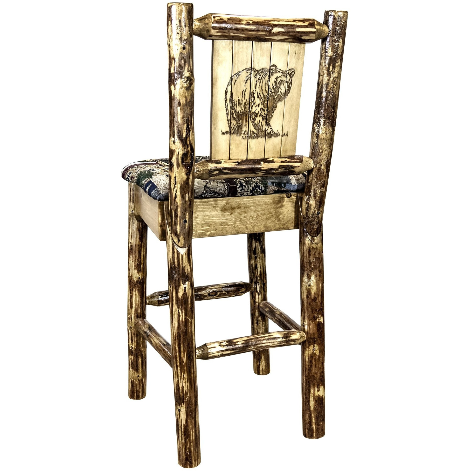 Glacier Country Collection Barstool w/ Back - Woodland Upholstery, w/ Laser Engraved Bear Design