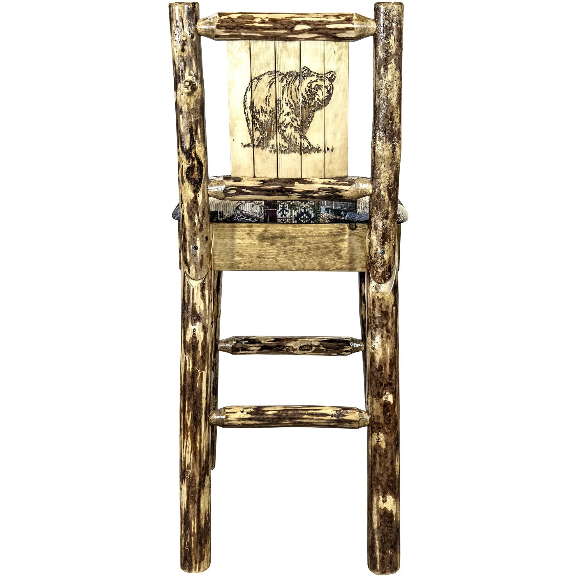 Glacier Country Collection Barstool w/ Back - Woodland Upholstery, w/ Laser Engraved Bear Design