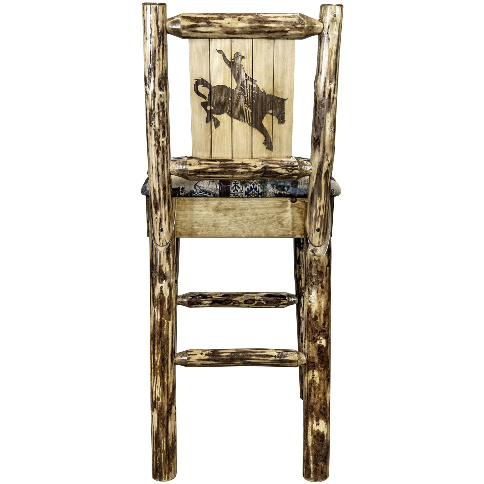 Glacier Country Collection Barstool w/ Back - Woodland Upholstery, w/ Laser Engraved Bronc Design