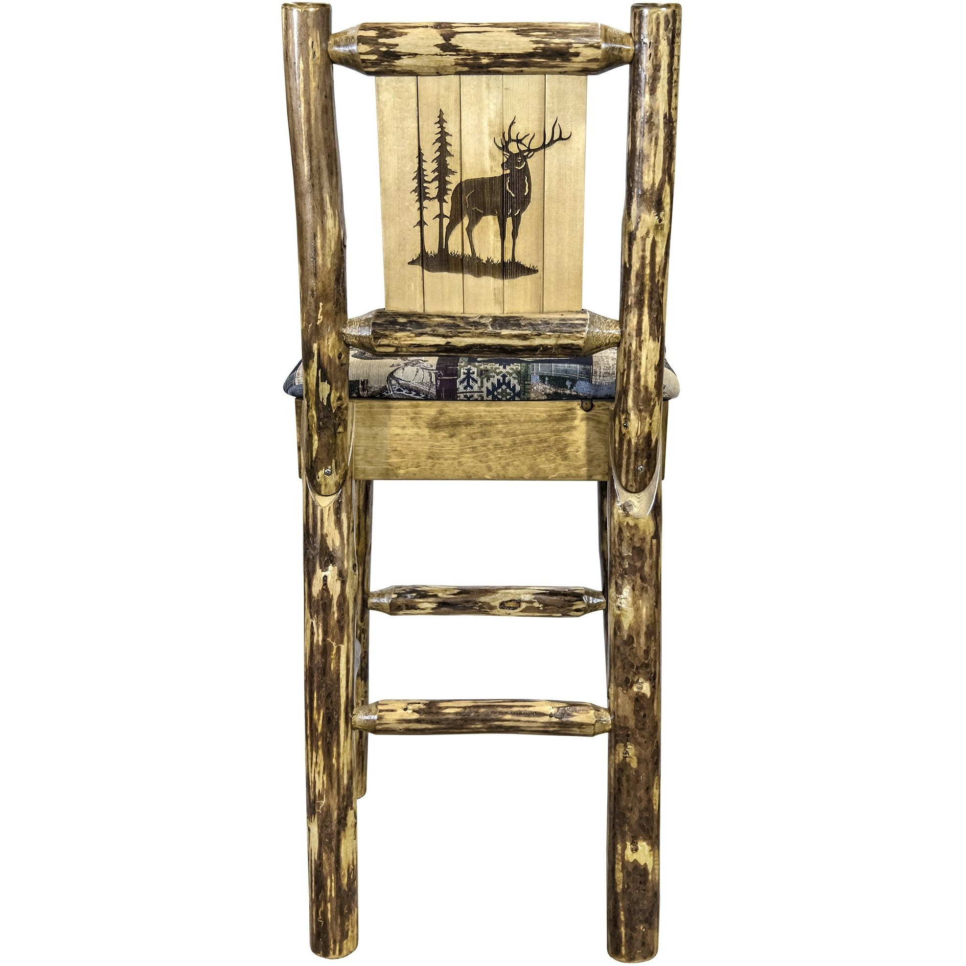 Glacier Country Collection Barstool w/ Back - Woodland Upholstery, w/ Laser Engraved Elk Design
