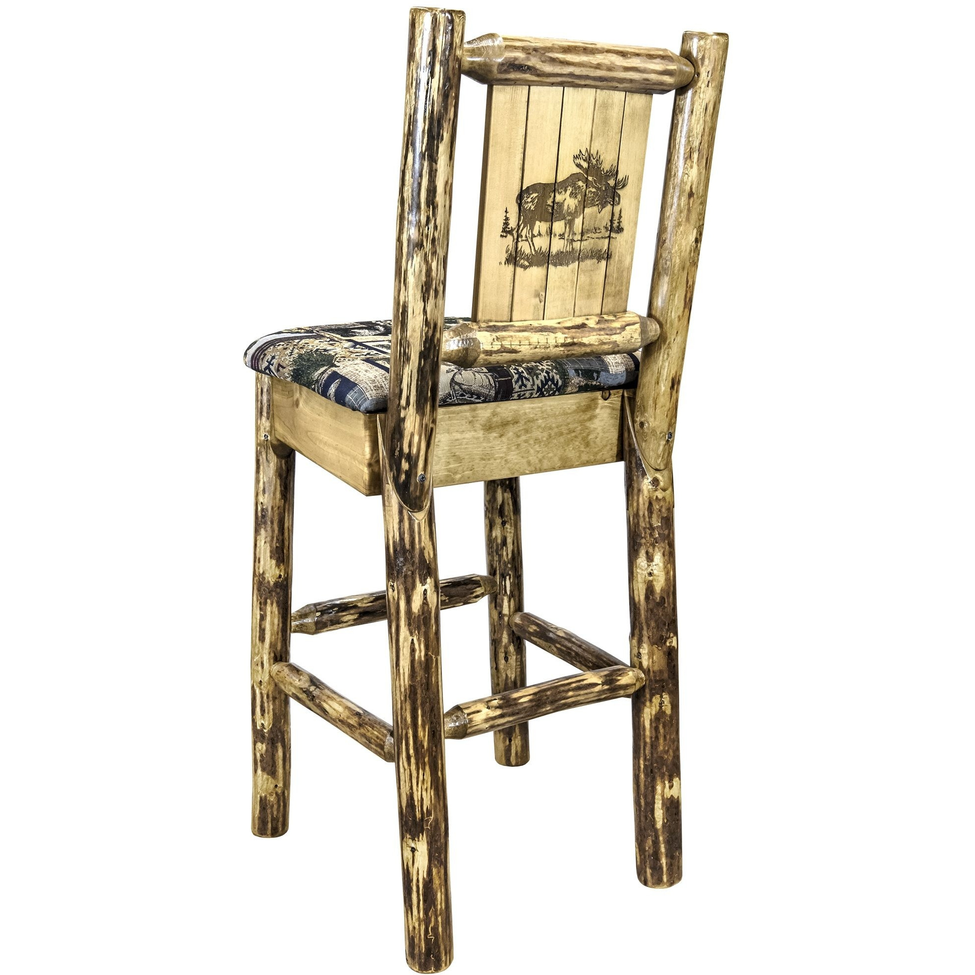 Glacier Country Collection Barstool w/ Back - Woodland Upholstery, w/ Laser Engraved Moose Design