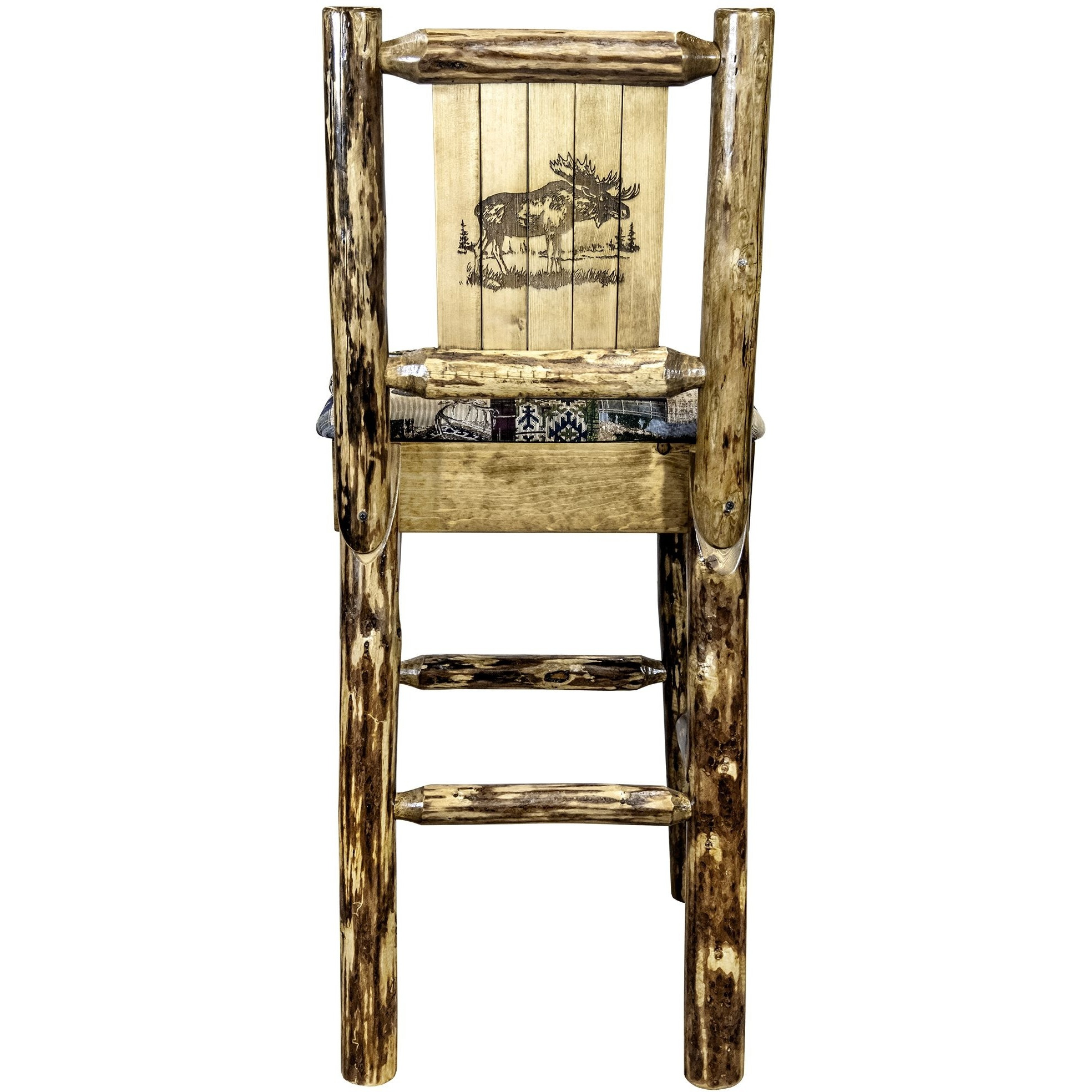Glacier Country Collection Barstool w/ Back - Woodland Upholstery, w/ Laser Engraved Moose Design